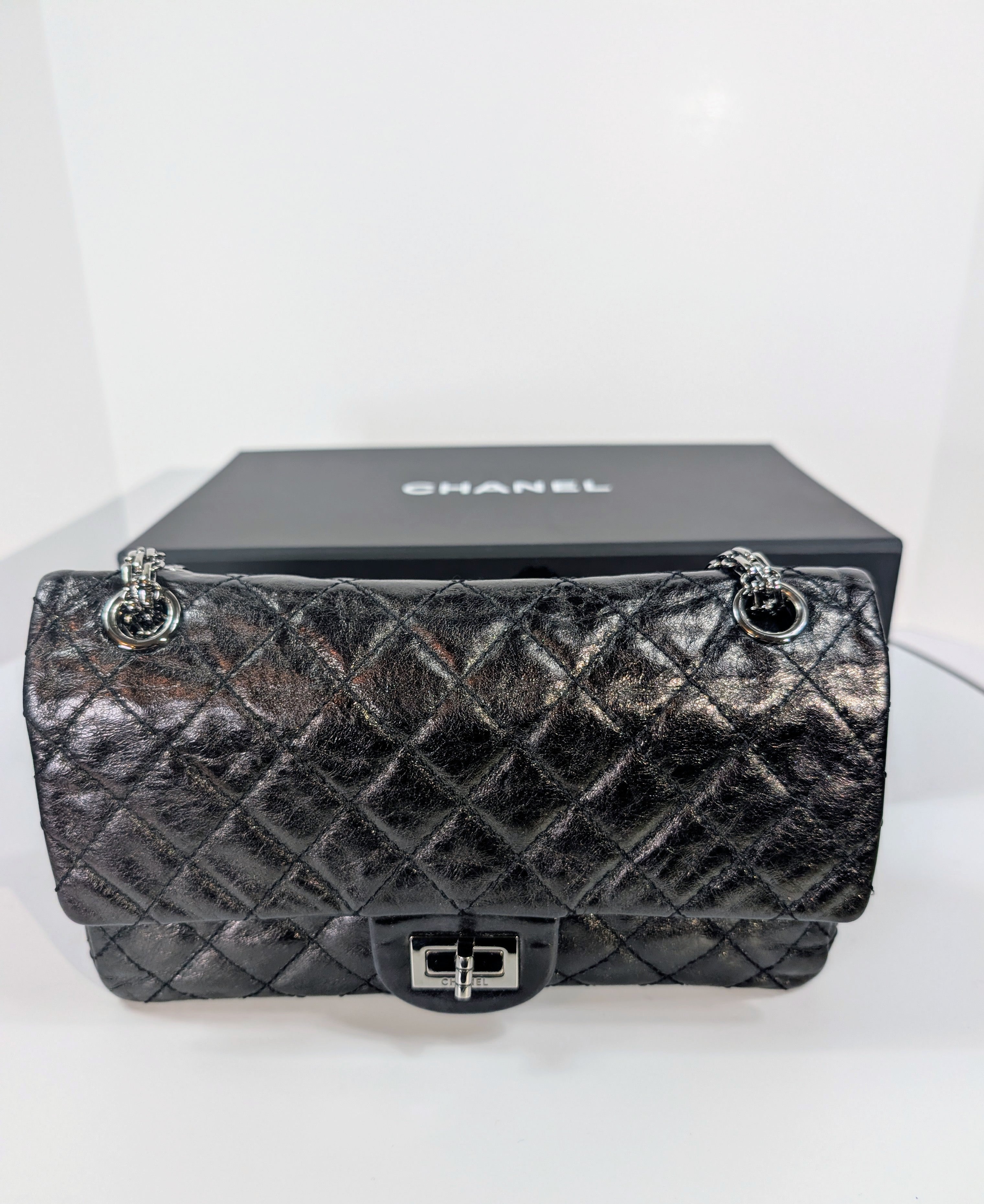 Chanel Vintage Anthracite Distressed Calfskin Leather 2.55 Reissue Double Flap Bag
