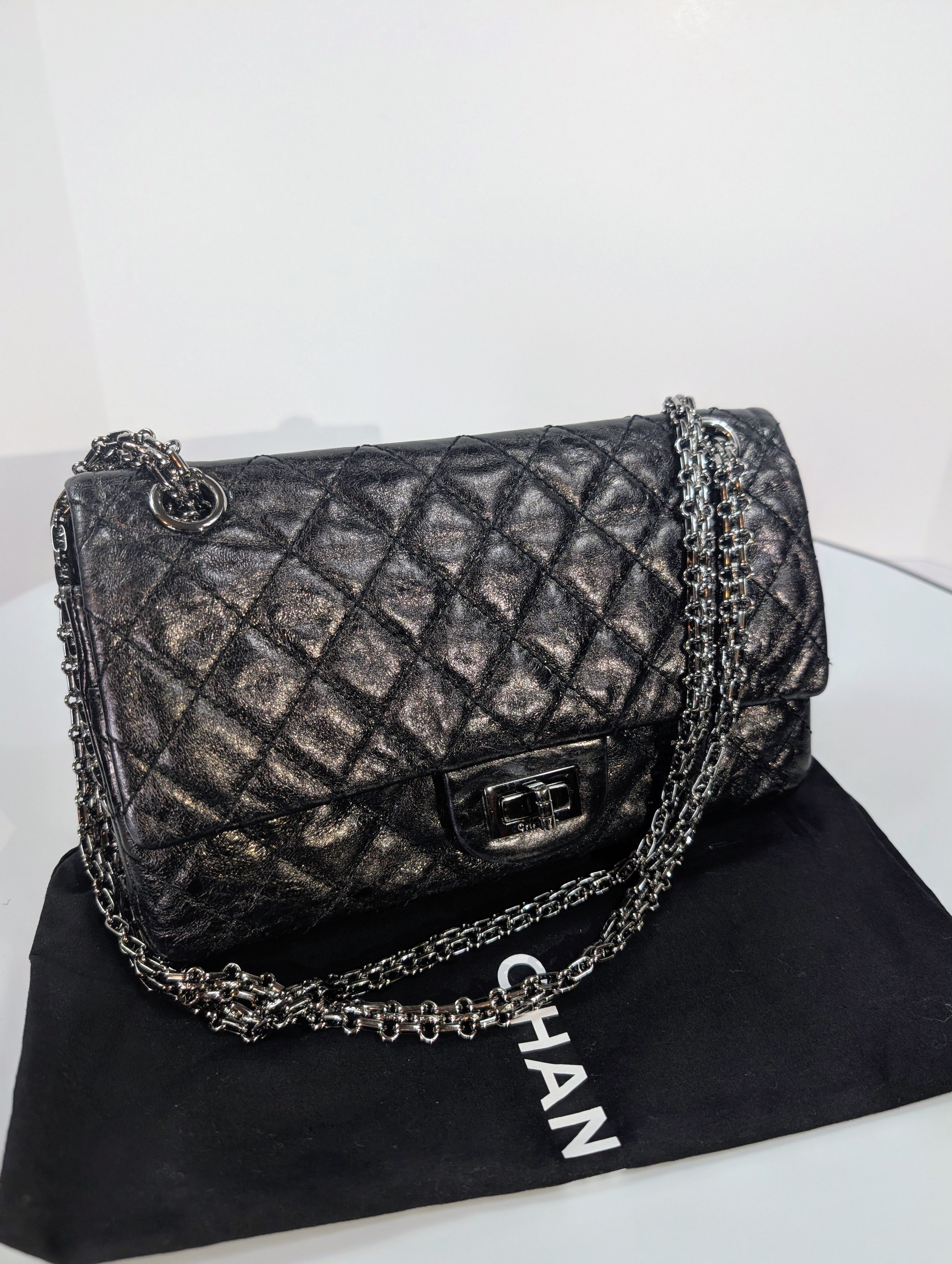 Chanel Vintage Anthracite Distressed Calfskin Leather 2.55 Reissue Double Flap Bag