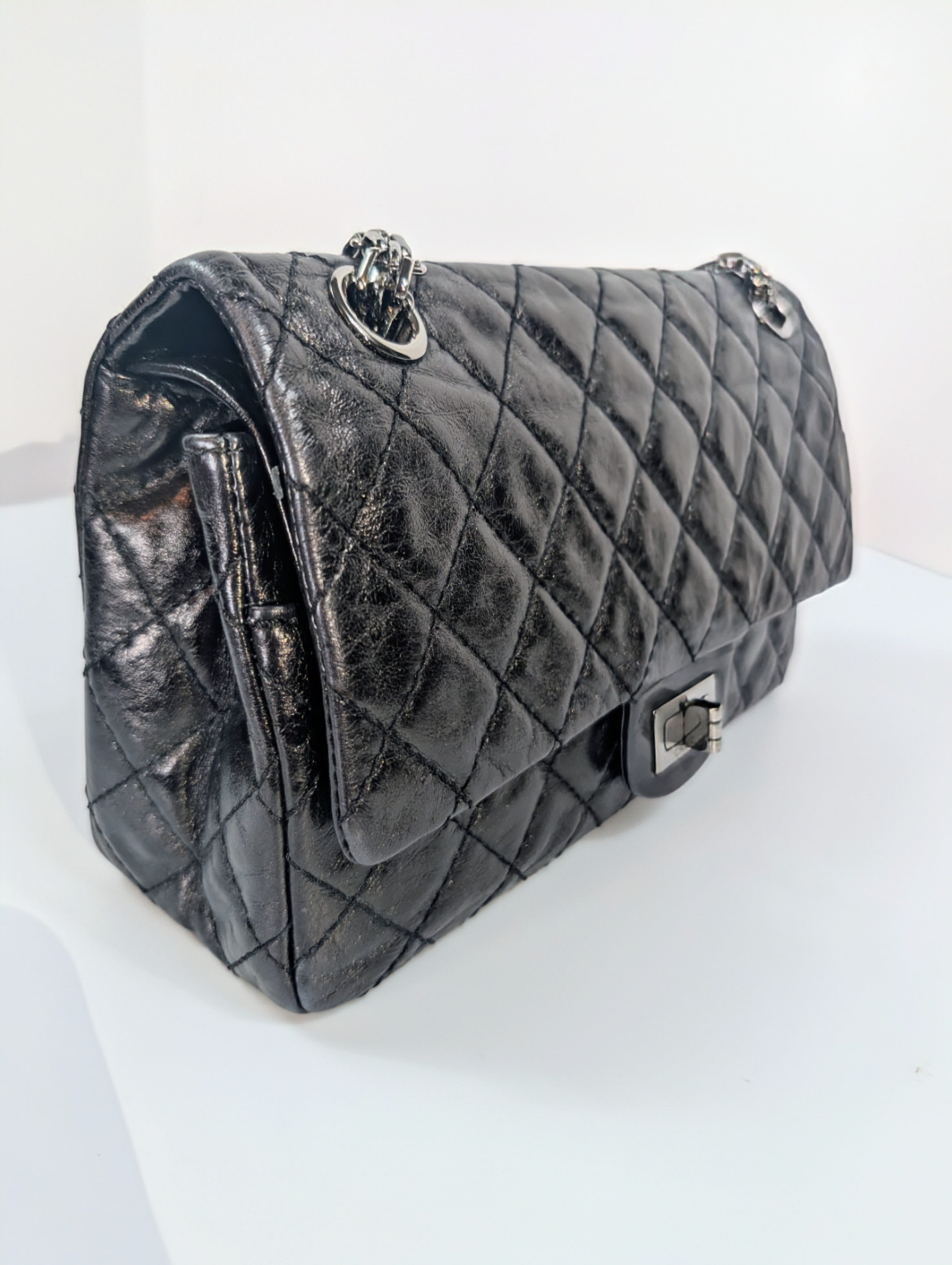 Chanel Vintage Anthracite Distressed Calfskin Leather 2.55 Reissue Double Flap Bag