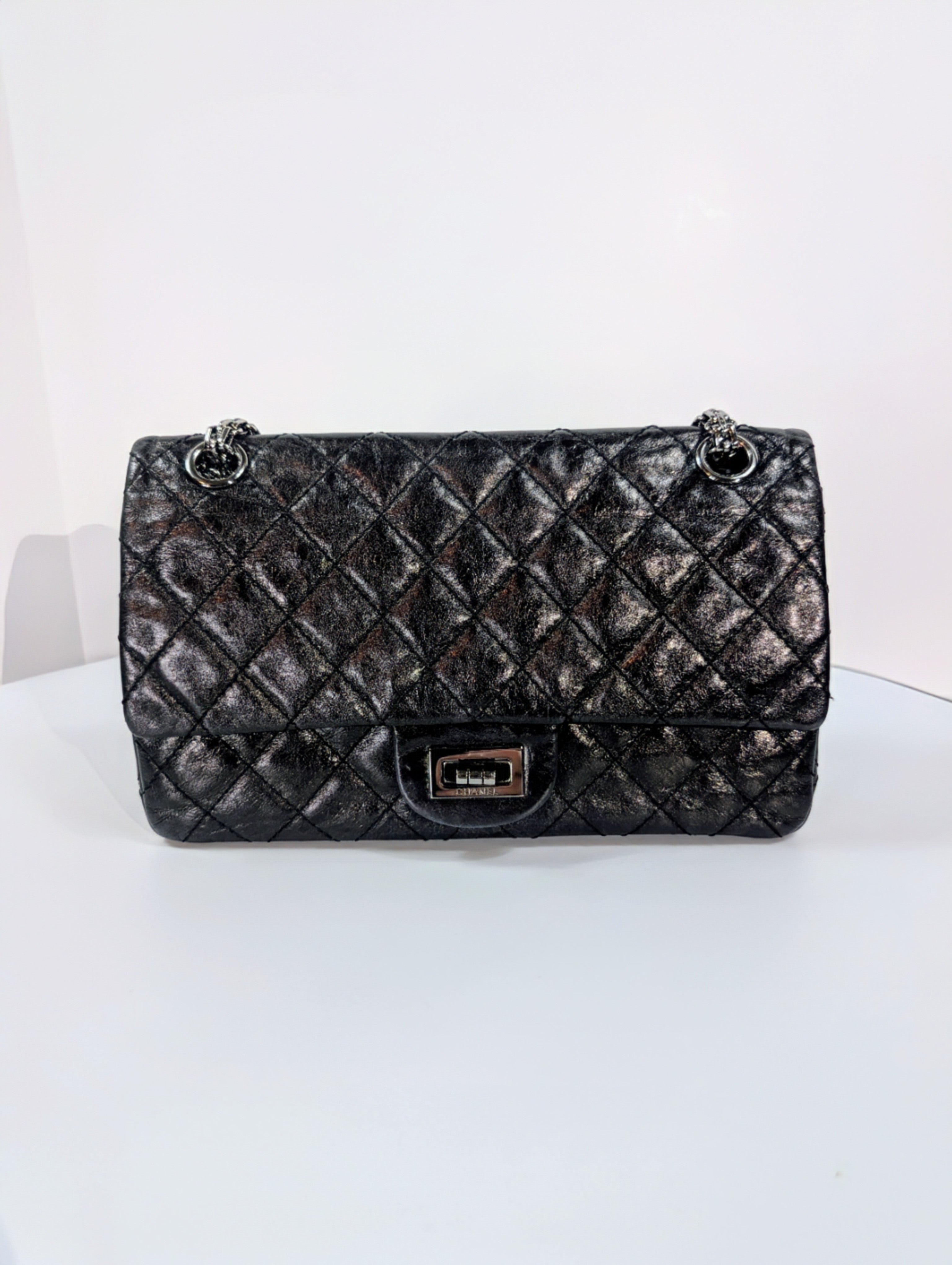 Chanel Vintage Anthracite Distressed Calfskin Leather 2.55 Reissue Double Flap Bag