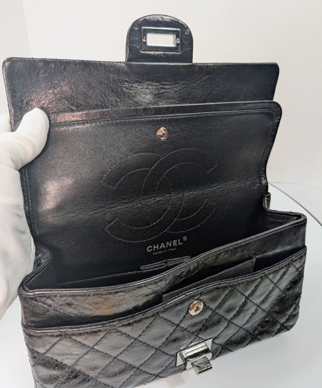 Chanel Vintage Anthracite Distressed Calfskin Leather 2.55 Reissue Double Flap Bag