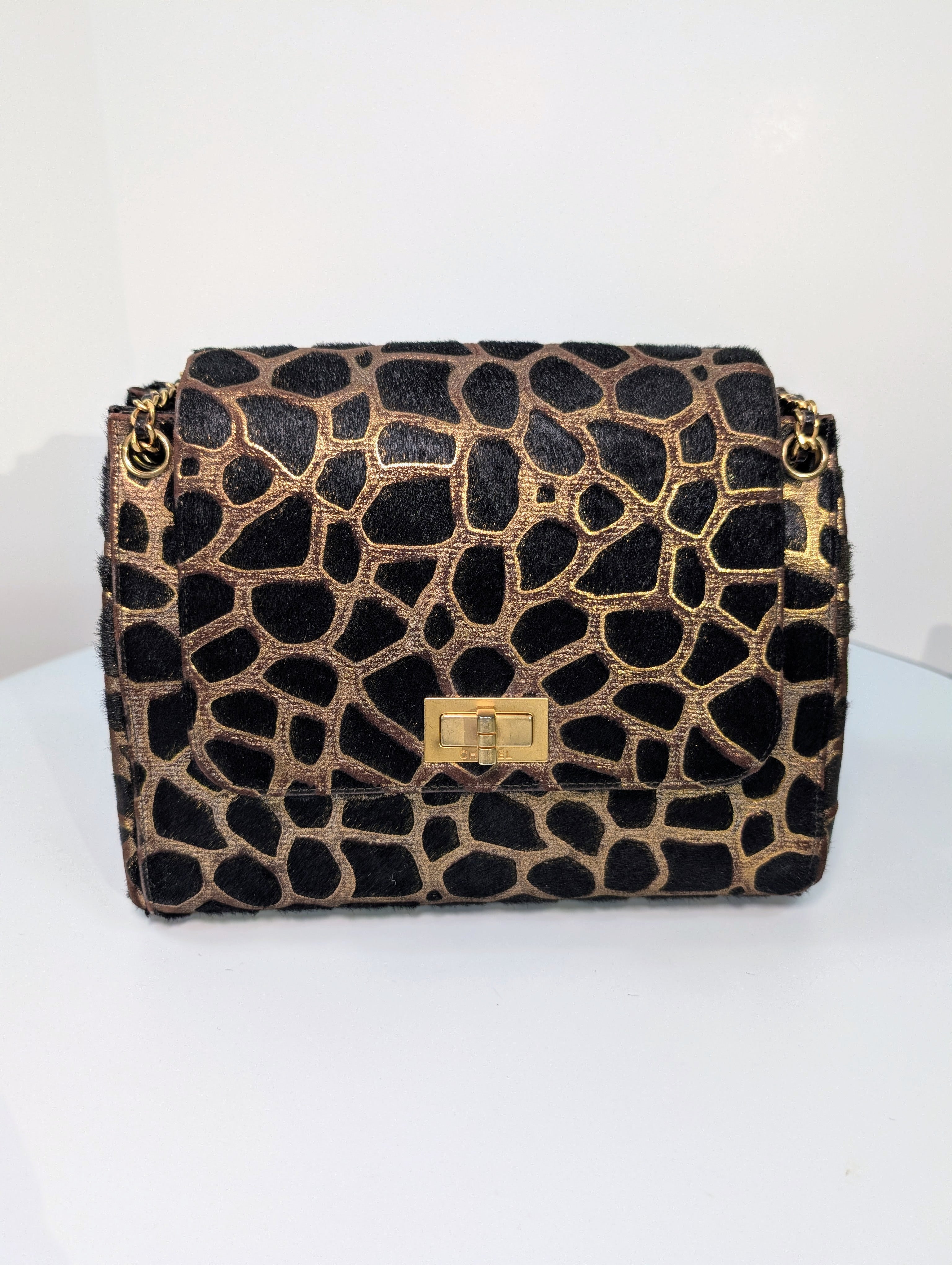 Chanel Vintage Brown Cream Giraffe Print Pony Hair Tote Bag