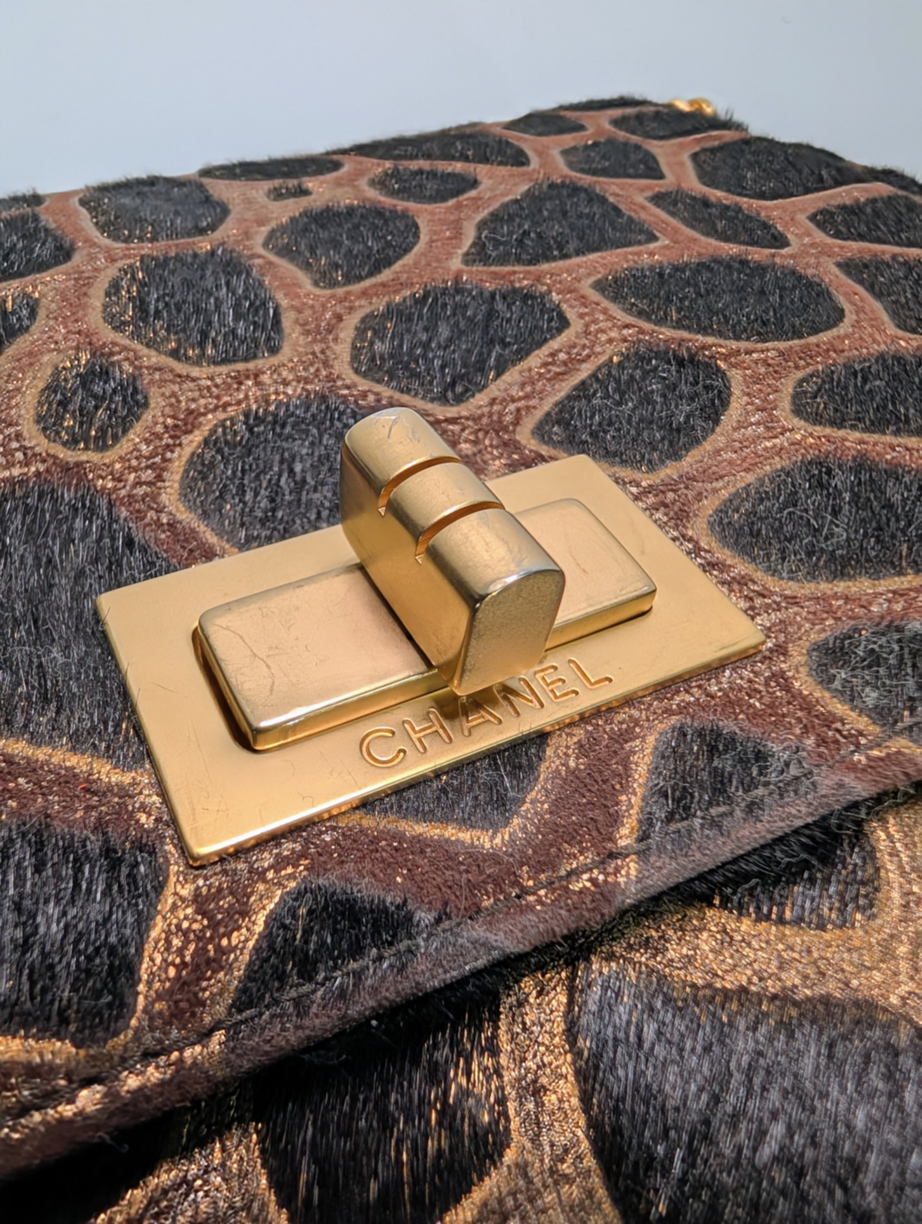 Chanel Vintage Brown Cream Giraffe Print Pony Hair Tote Bag