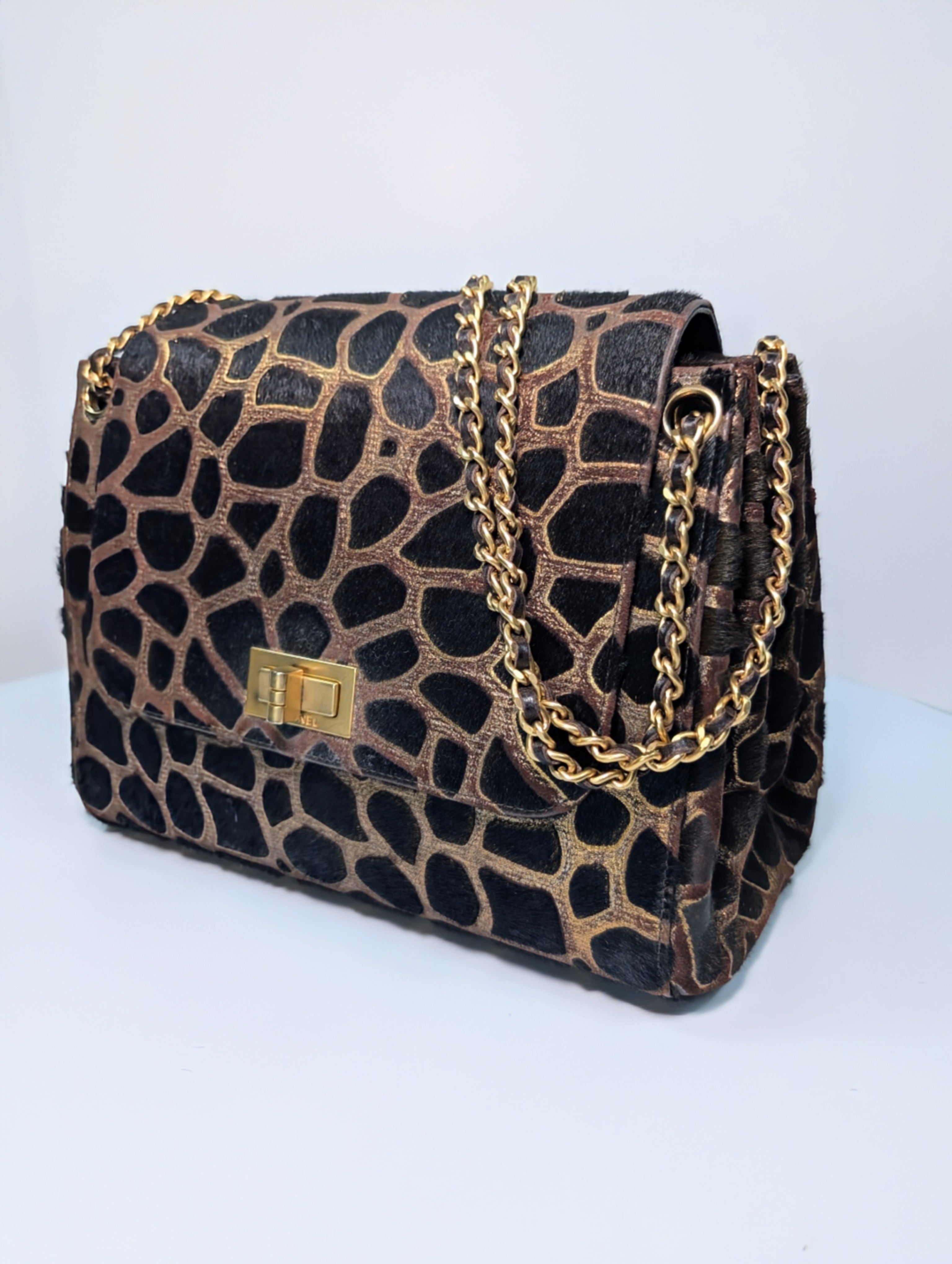 Chanel Vintage Brown Cream Giraffe Print Pony Hair Tote Bag