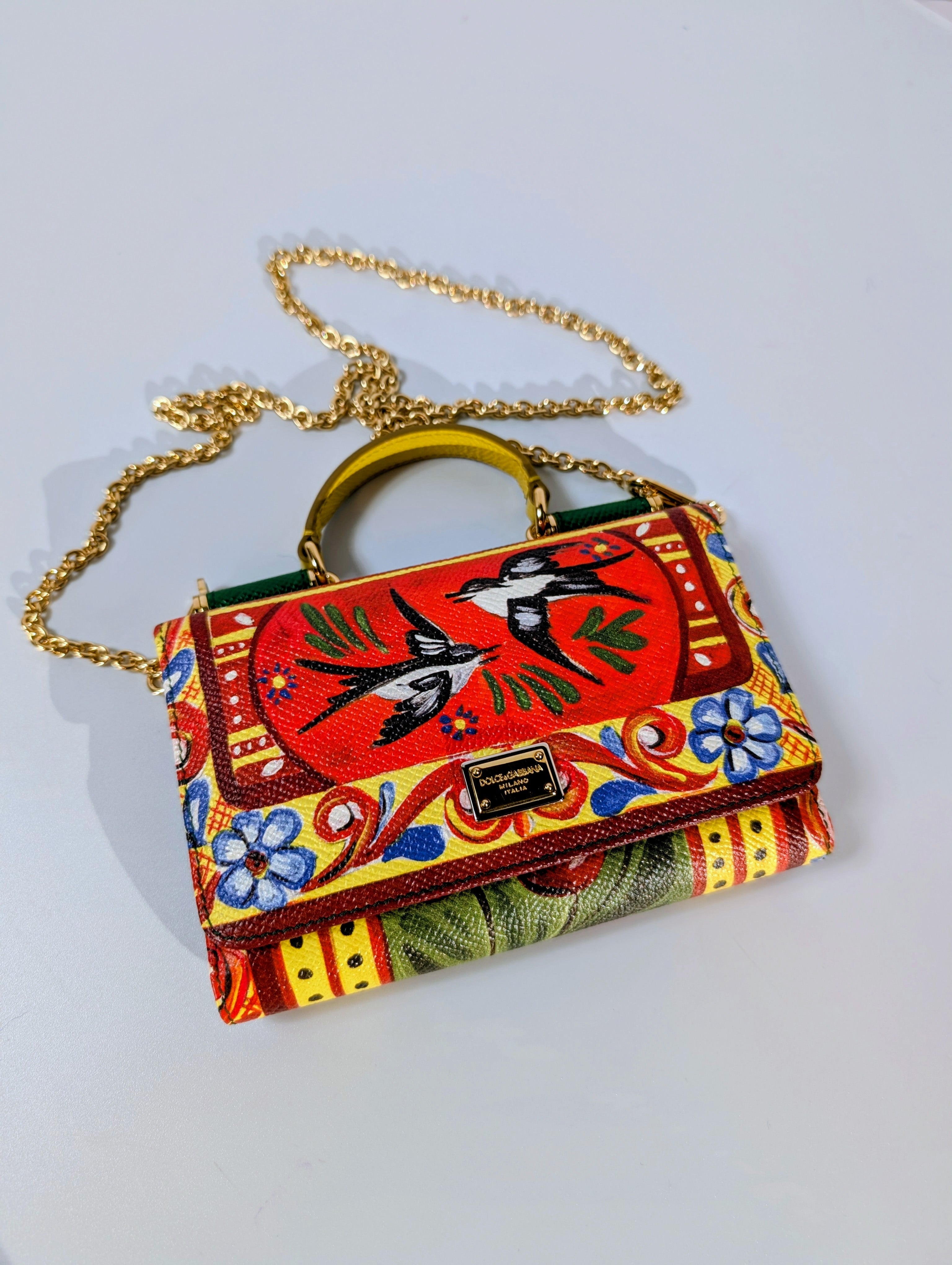 Dolce & Gabbana Red Bird Motif Dauphine Leather Wallet on Chain