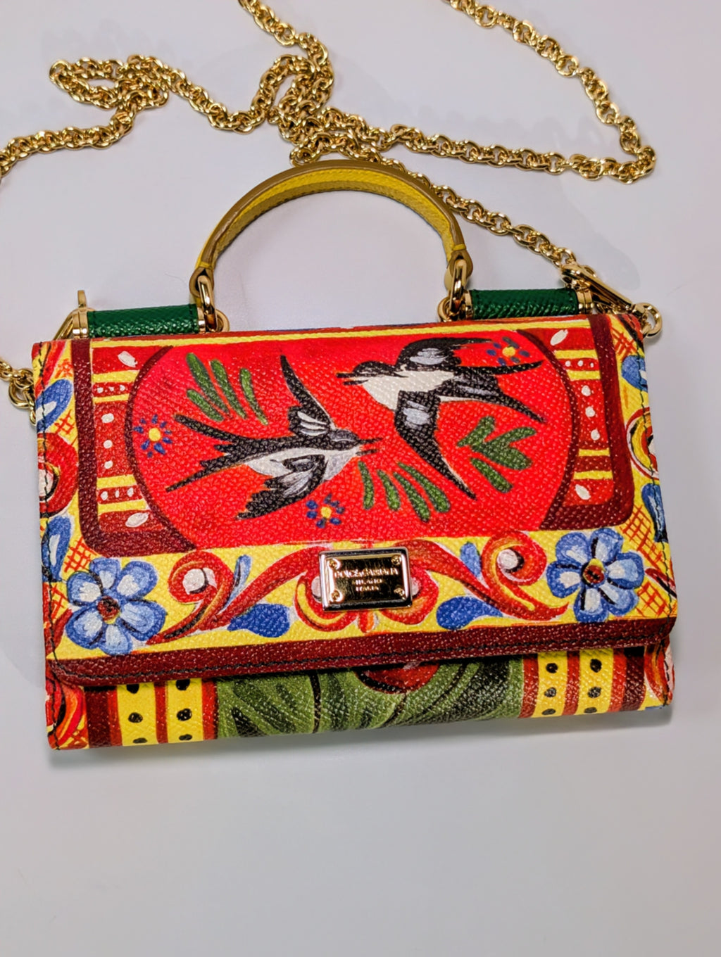 Dolce & Gabbana Red Bird Motif Dauphine Leather Wallet on Chain