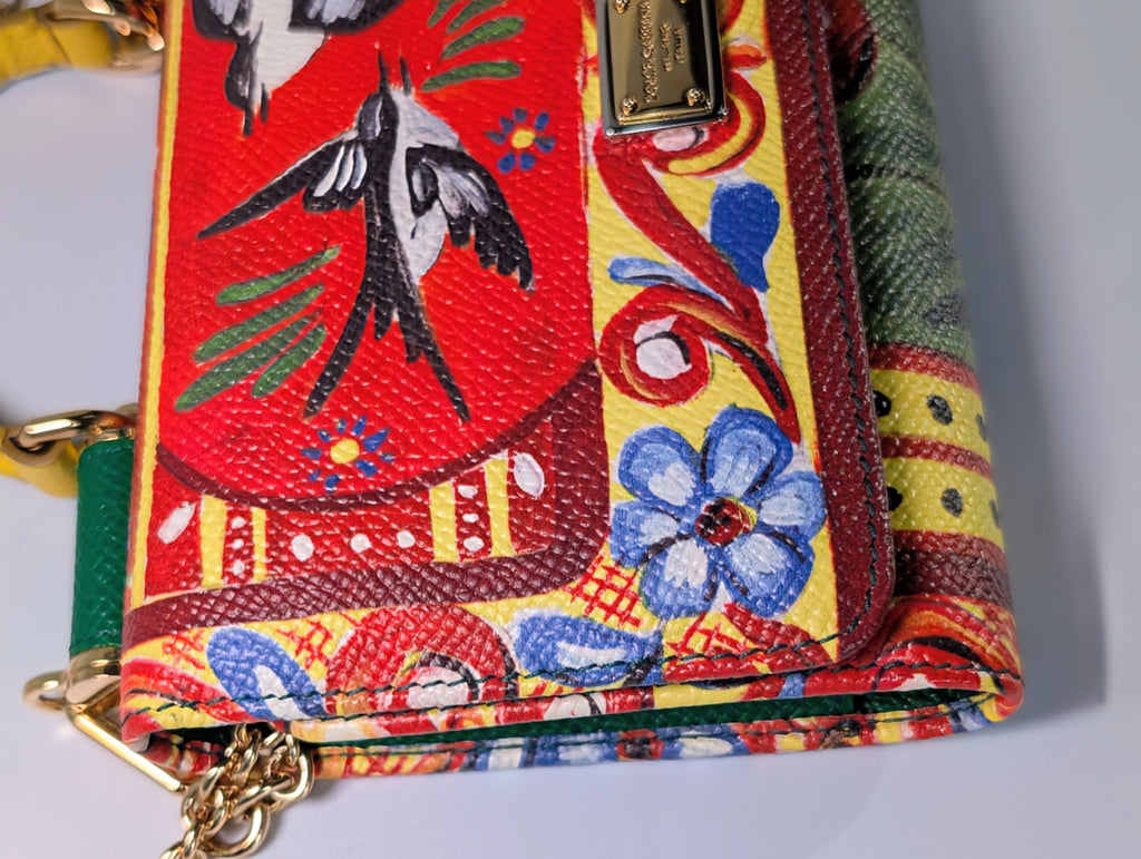 Dolce & Gabbana Red Bird Motif Dauphine Leather Wallet on Chain