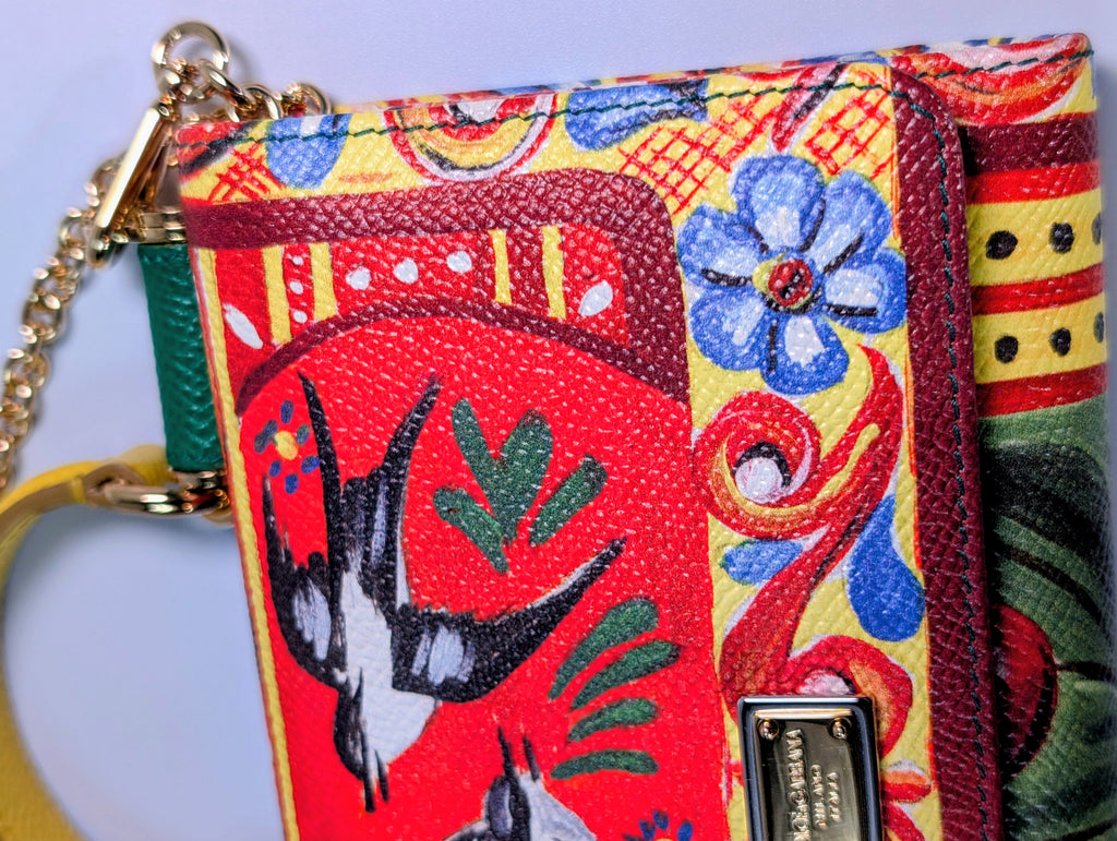 Dolce & Gabbana Red Bird Motif Dauphine Leather Wallet on Chain