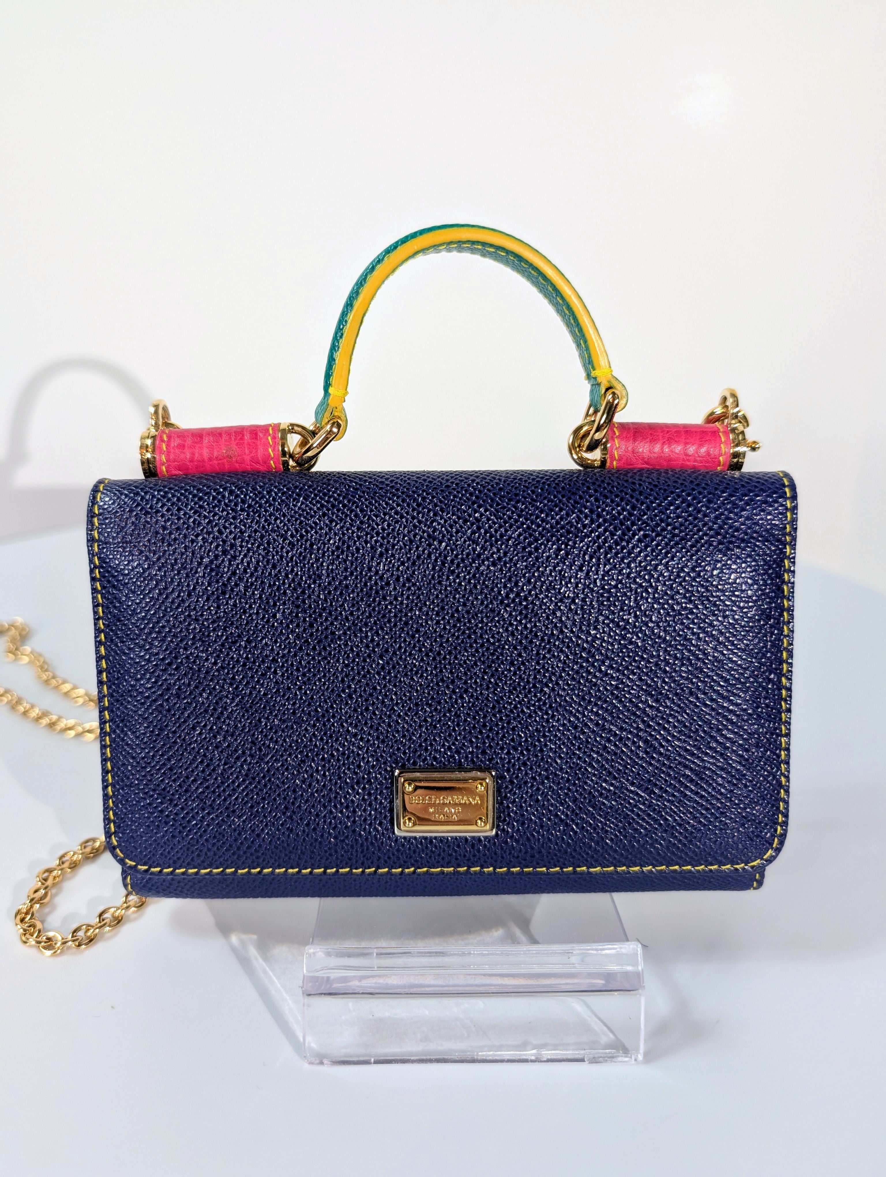 Dolce & Gabbana Blue Dauphine Leather Wallet on Chain, Pink Interior