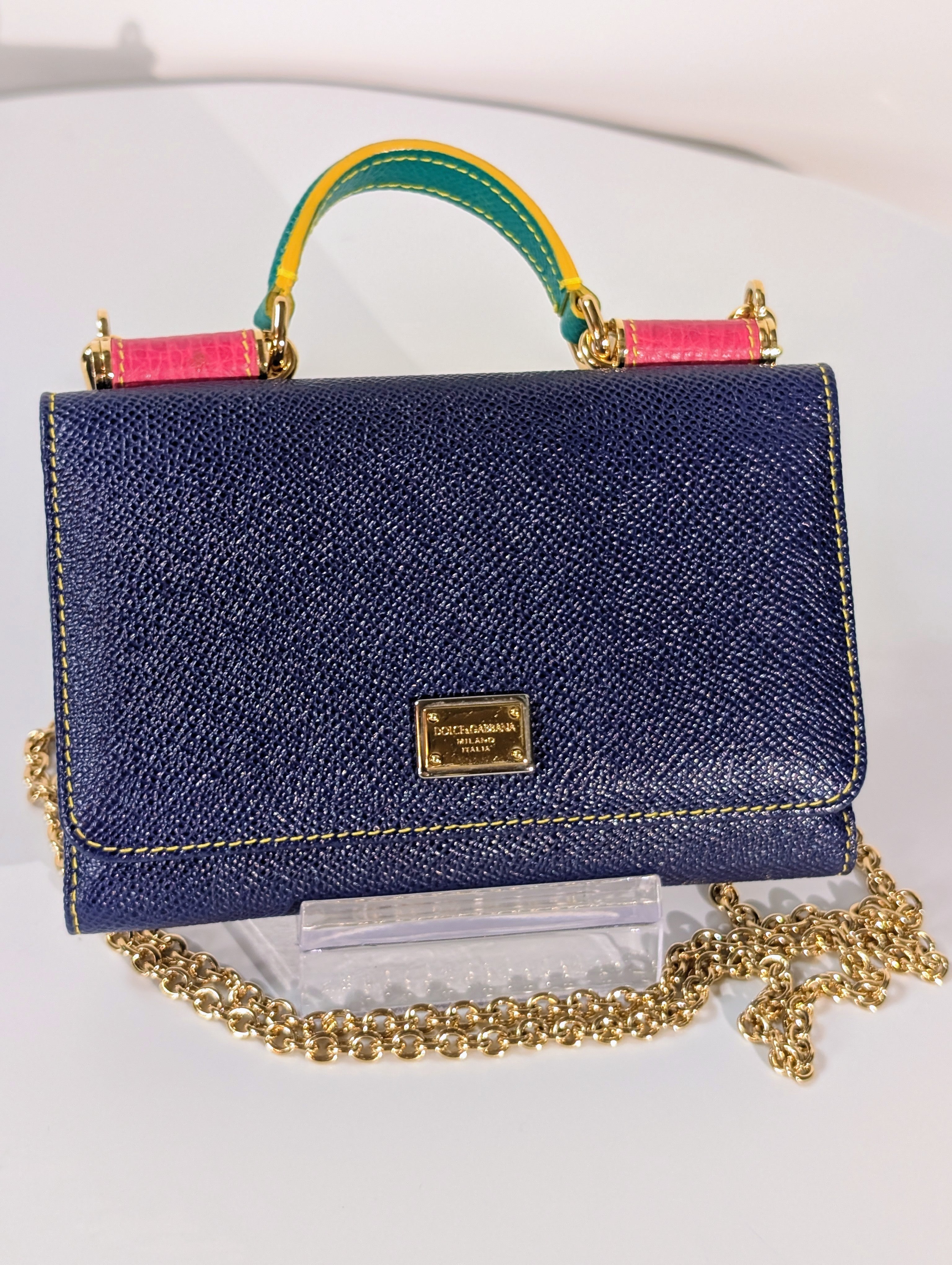 Dolce & Gabbana Blue Dauphine Leather Wallet on Chain, Pink Interior