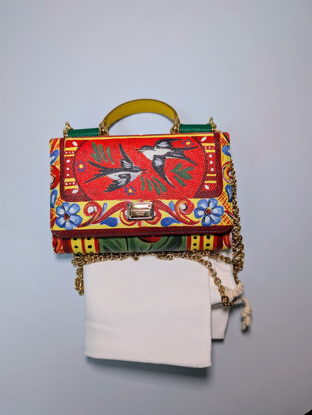 Dolce & Gabbana Red Bird Motif Dauphine Leather Wallet on Chain