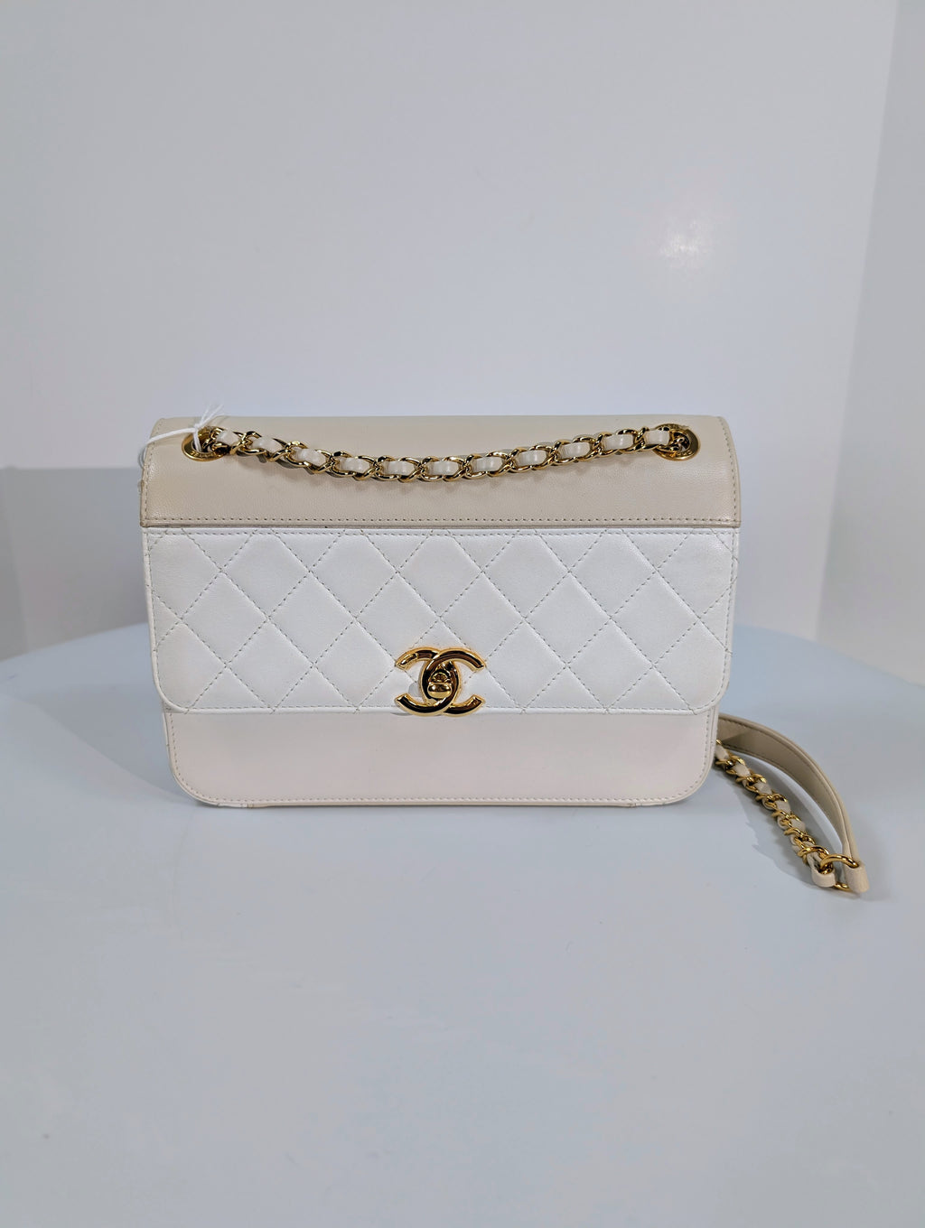 Chanel Beige and White Medium Flap Bag