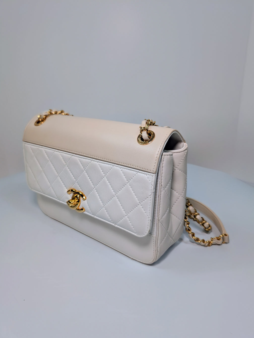 Chanel Beige and White Medium Flap Bag