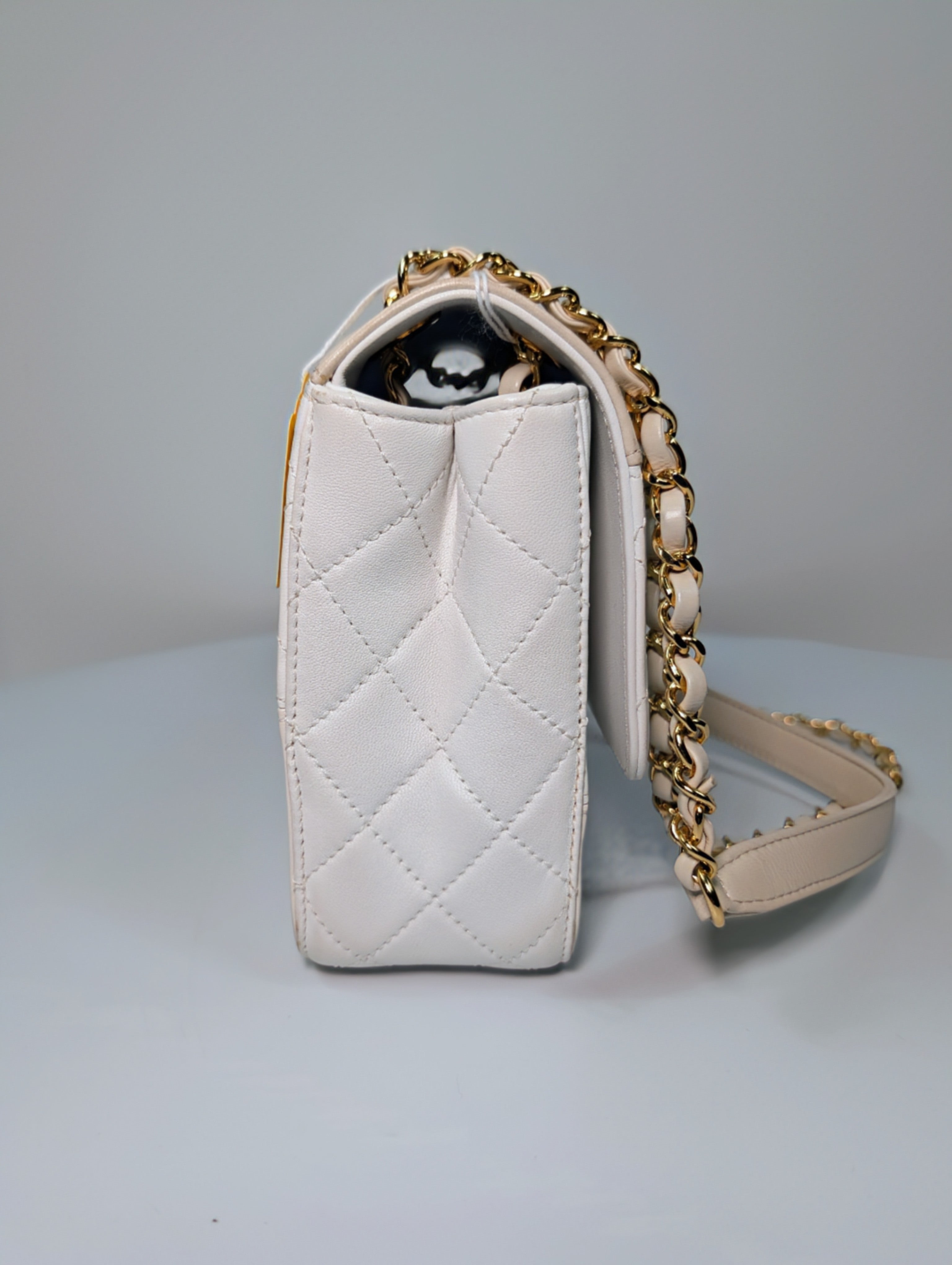 Chanel Beige and White Medium Flap Bag