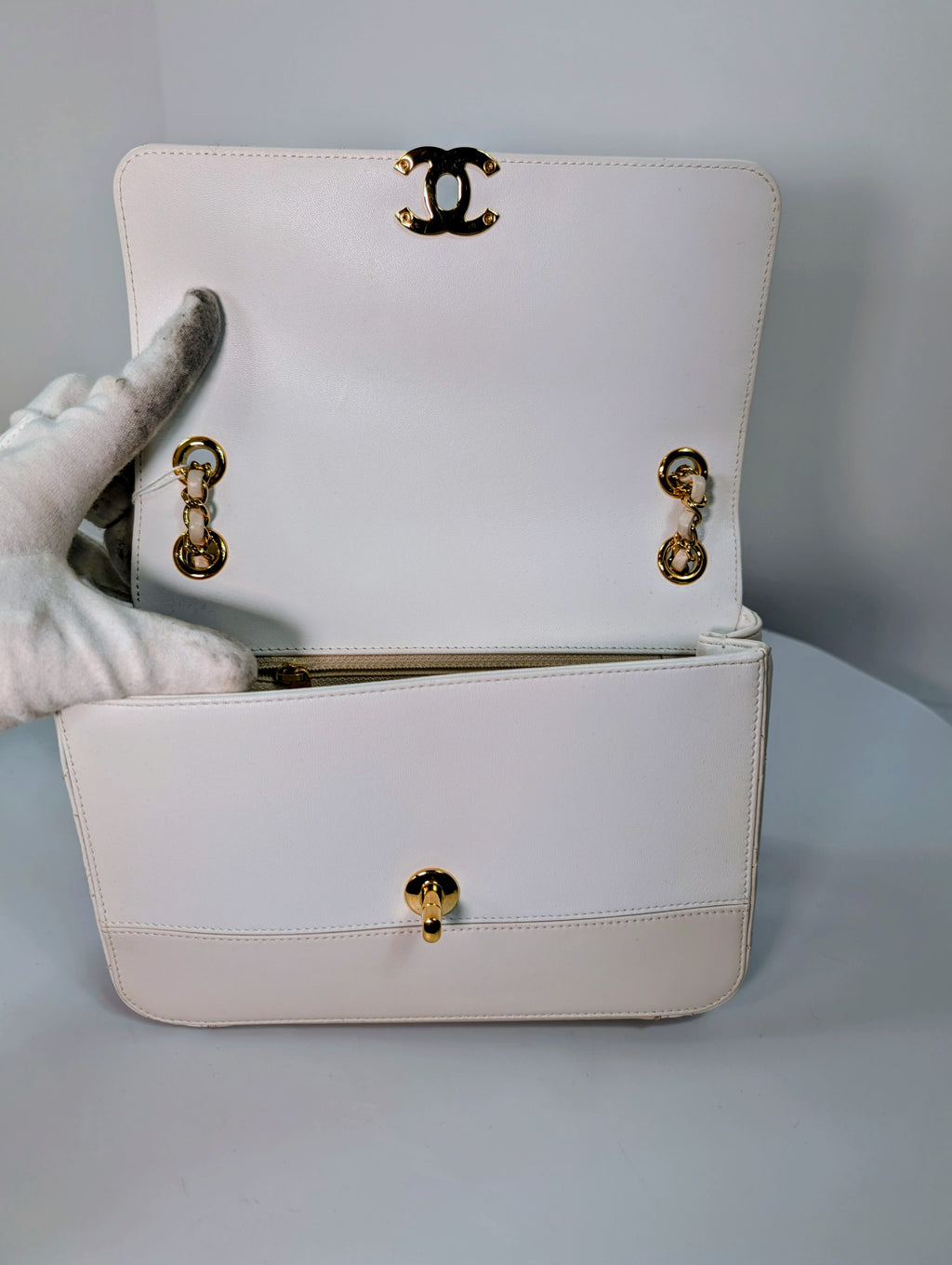 Chanel Beige and White Medium Flap Bag
