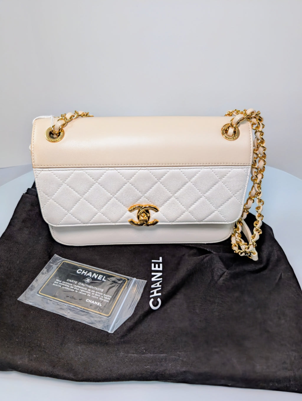 Chanel Beige and White Medium Flap Bag