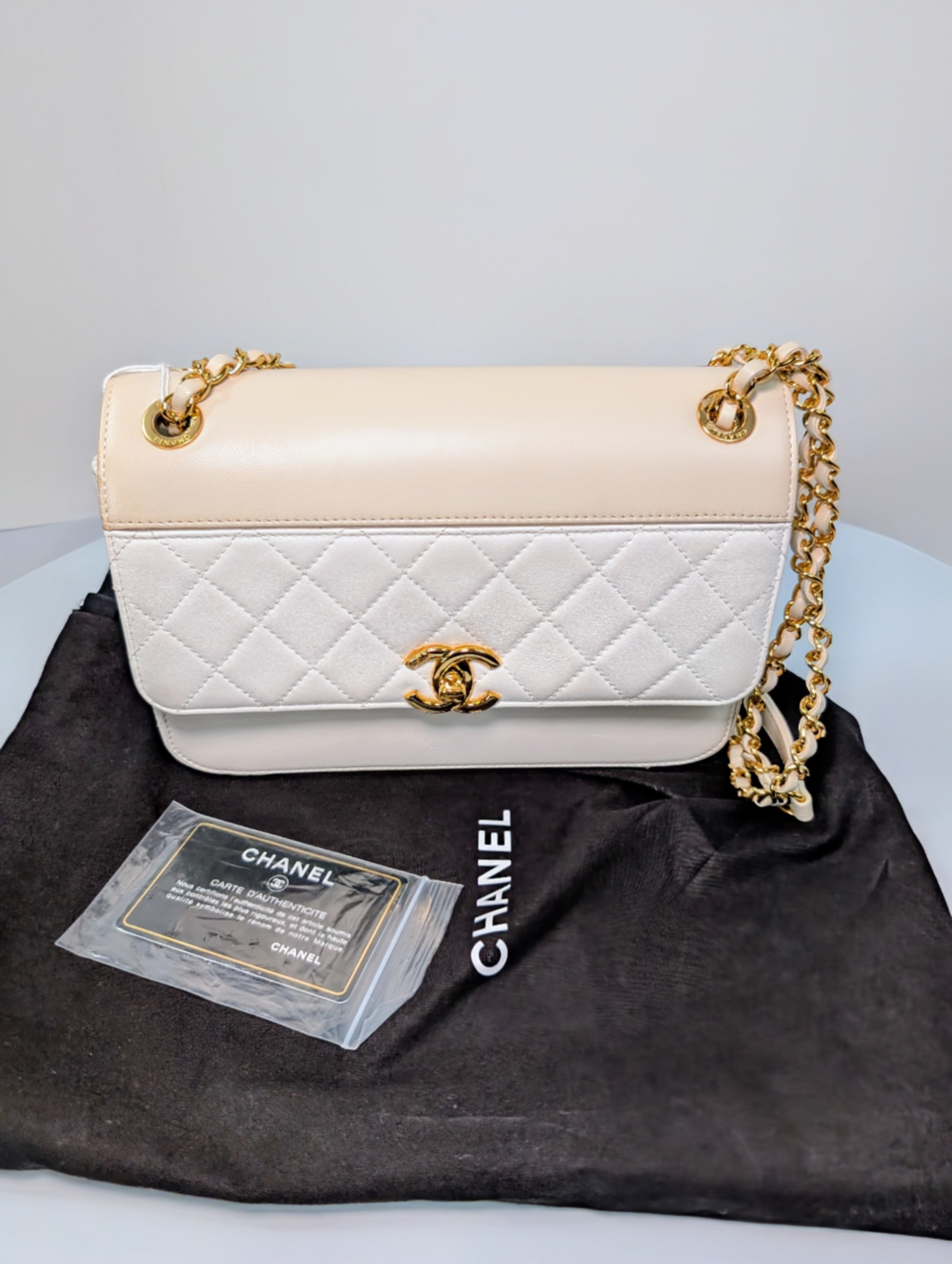 Chanel Beige and White Medium Flap Bag