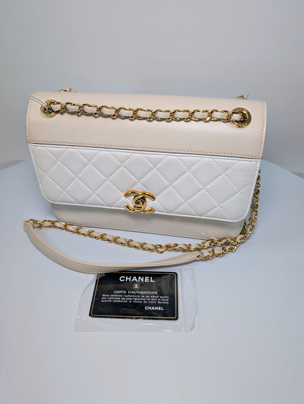 Chanel Beige and White Medium Flap Bag