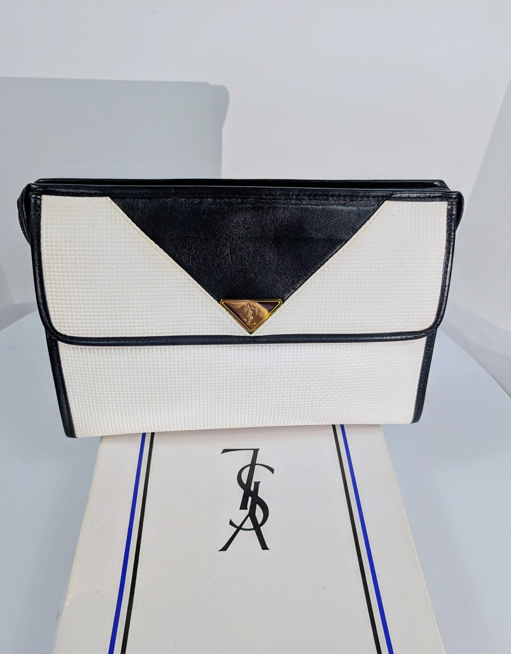 Yves Saint Laurent (YSL) Vintage White Canvas Envelope Clutch, Black Trim