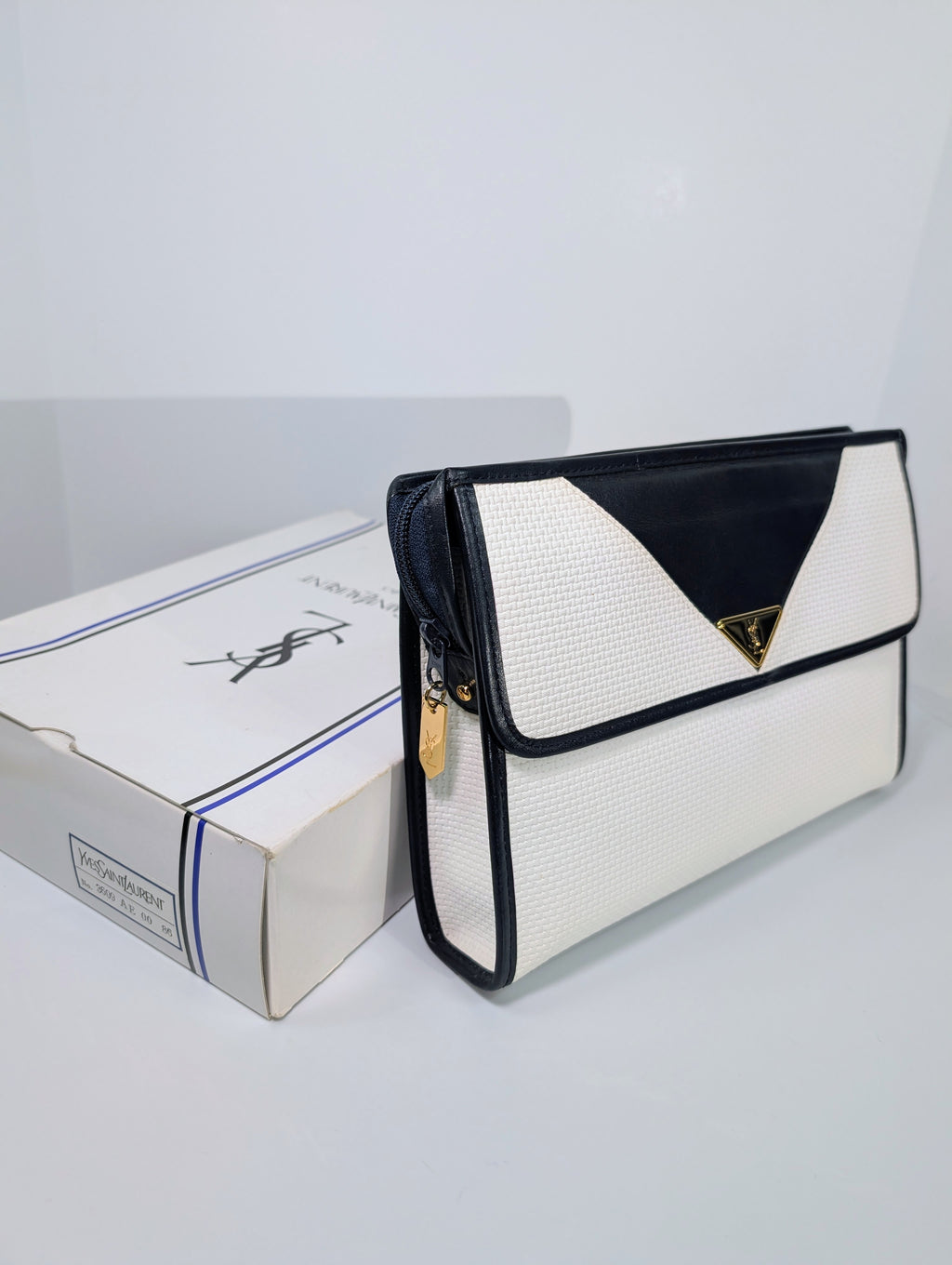 Yves Saint Laurent (YSL) Vintage White Canvas Envelope Clutch, Black Trim