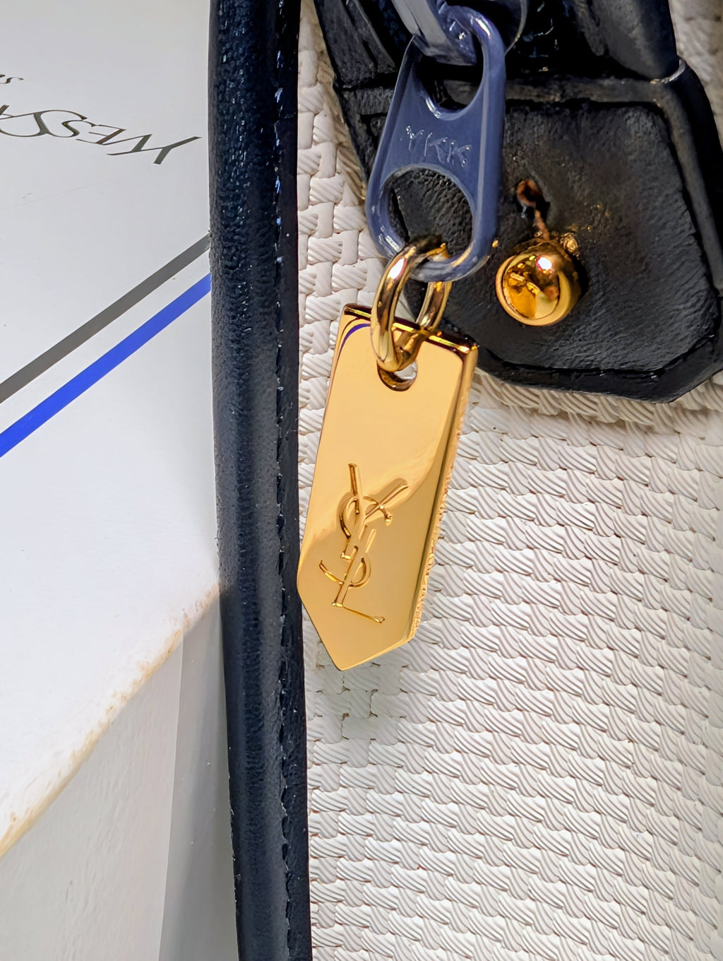 Yves Saint Laurent (YSL) Vintage White Canvas Envelope Clutch, Black Trim