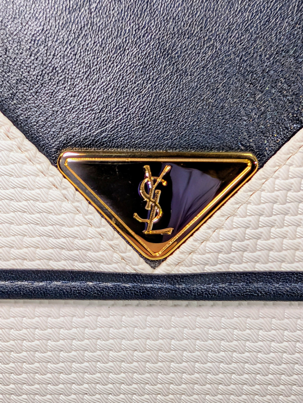 Yves Saint Laurent (YSL) Vintage White Canvas Envelope Clutch, Black Trim