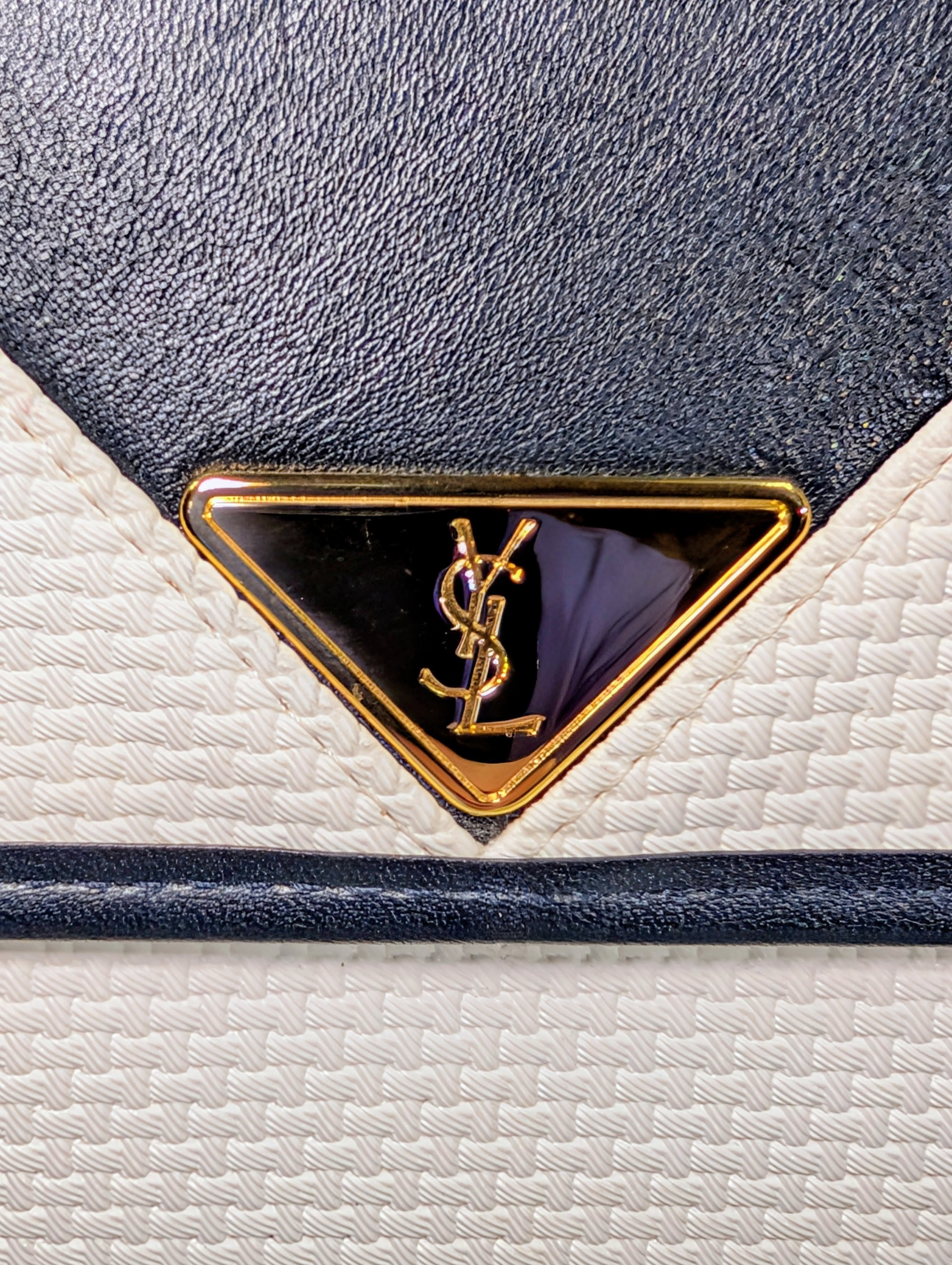 Yves Saint Laurent (YSL) Vintage White Canvas Envelope Clutch, Black Trim