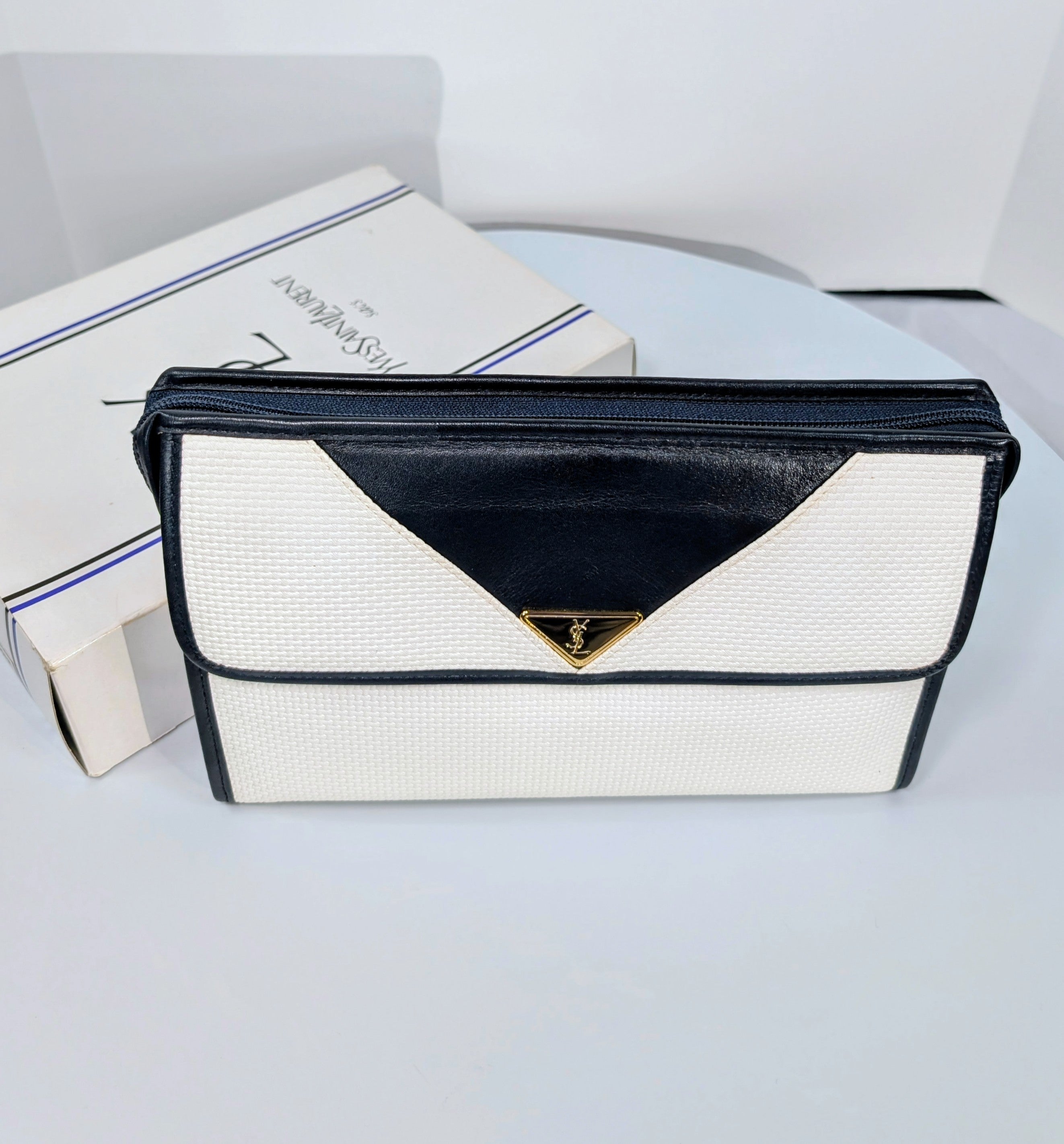 Yves Saint Laurent (YSL) Vintage White Canvas Envelope Clutch, Black Trim