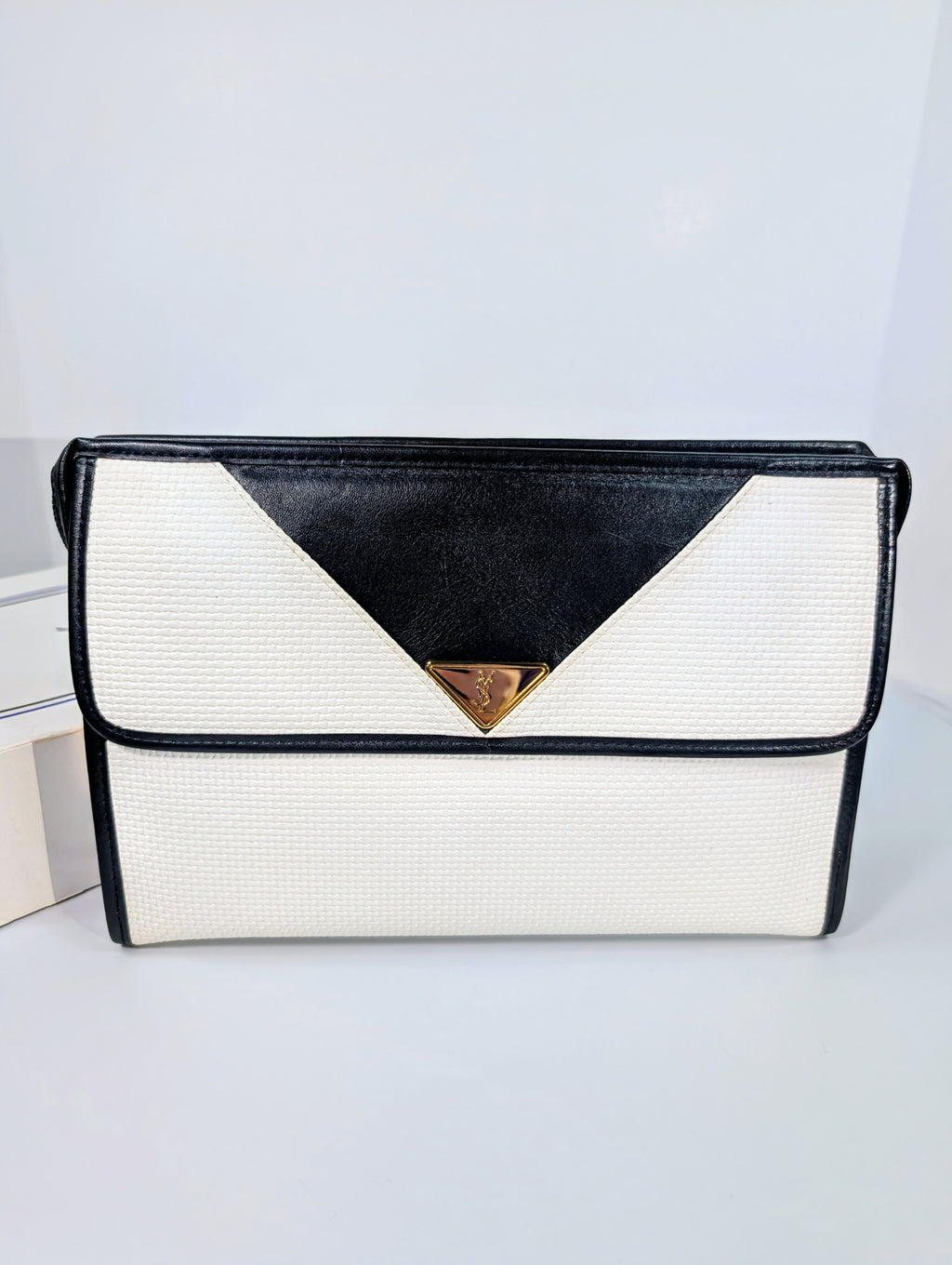 Yves Saint Laurent (YSL) Vintage White Canvas Envelope Clutch, Black Trim