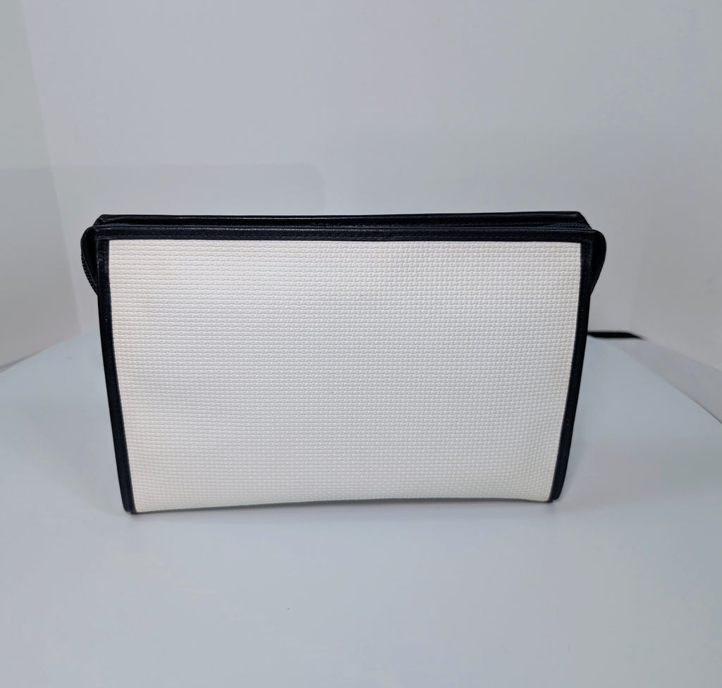 Yves Saint Laurent (YSL) Vintage White Canvas Envelope Clutch, Black Trim