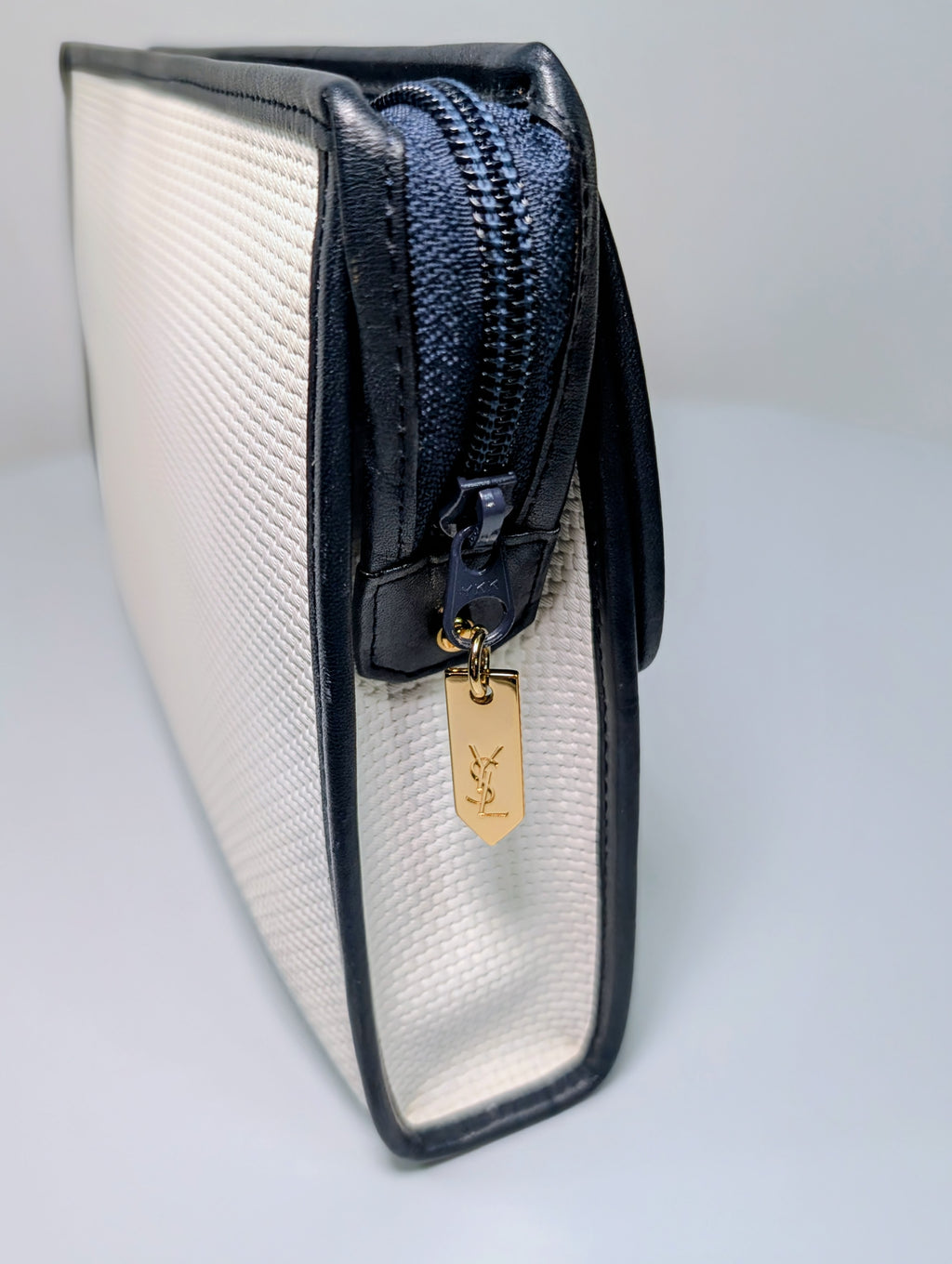 Yves Saint Laurent (YSL) Vintage White Canvas Envelope Clutch, Black Trim