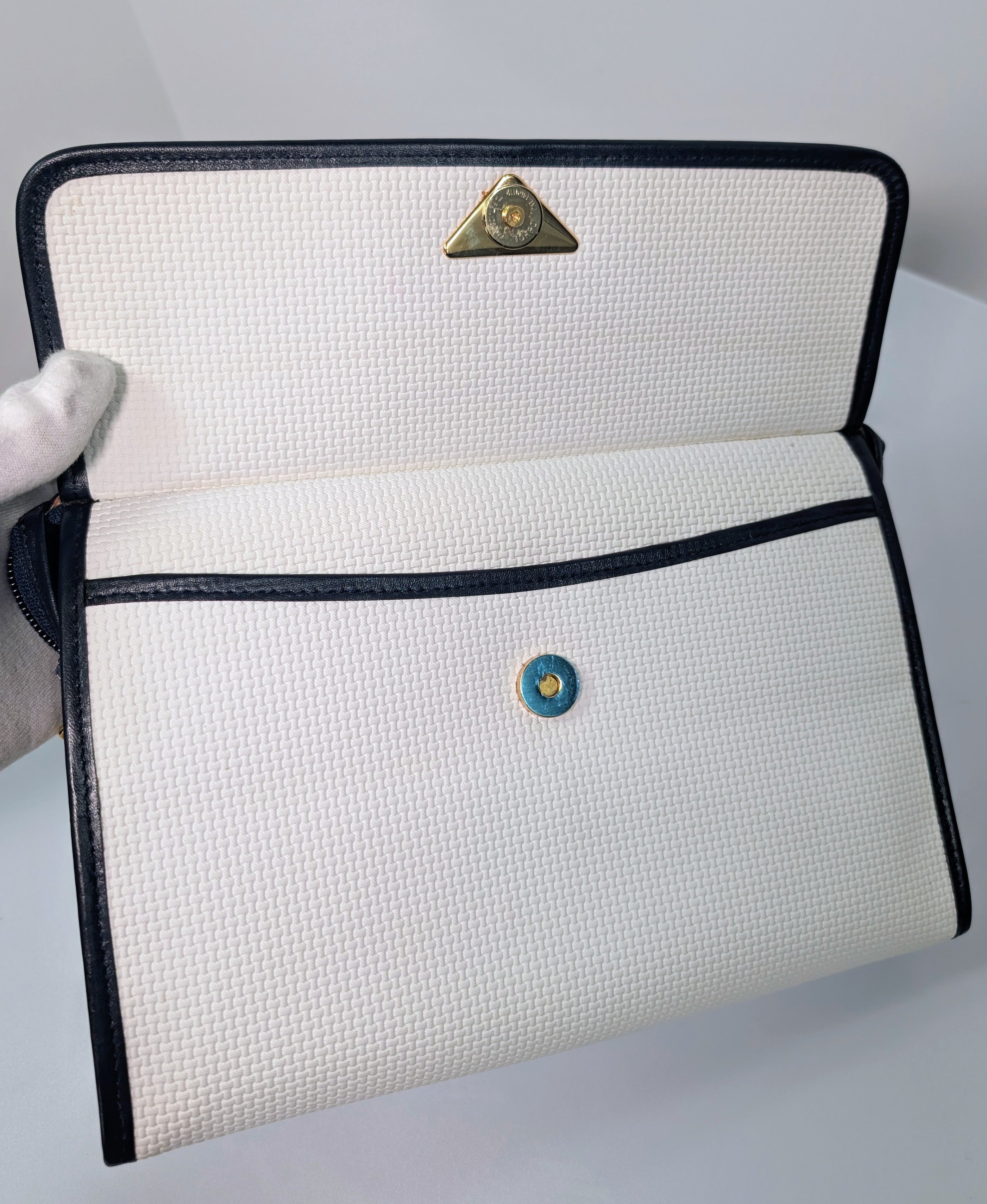 Yves Saint Laurent (YSL) Vintage White Canvas Envelope Clutch, Black Trim