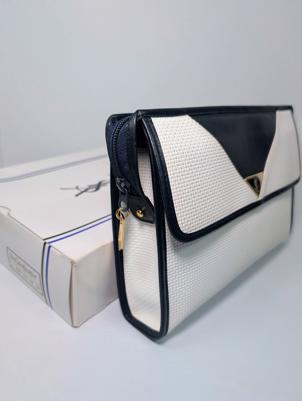 Yves Saint Laurent (YSL) Vintage White Canvas Envelope Clutch, Black Trim