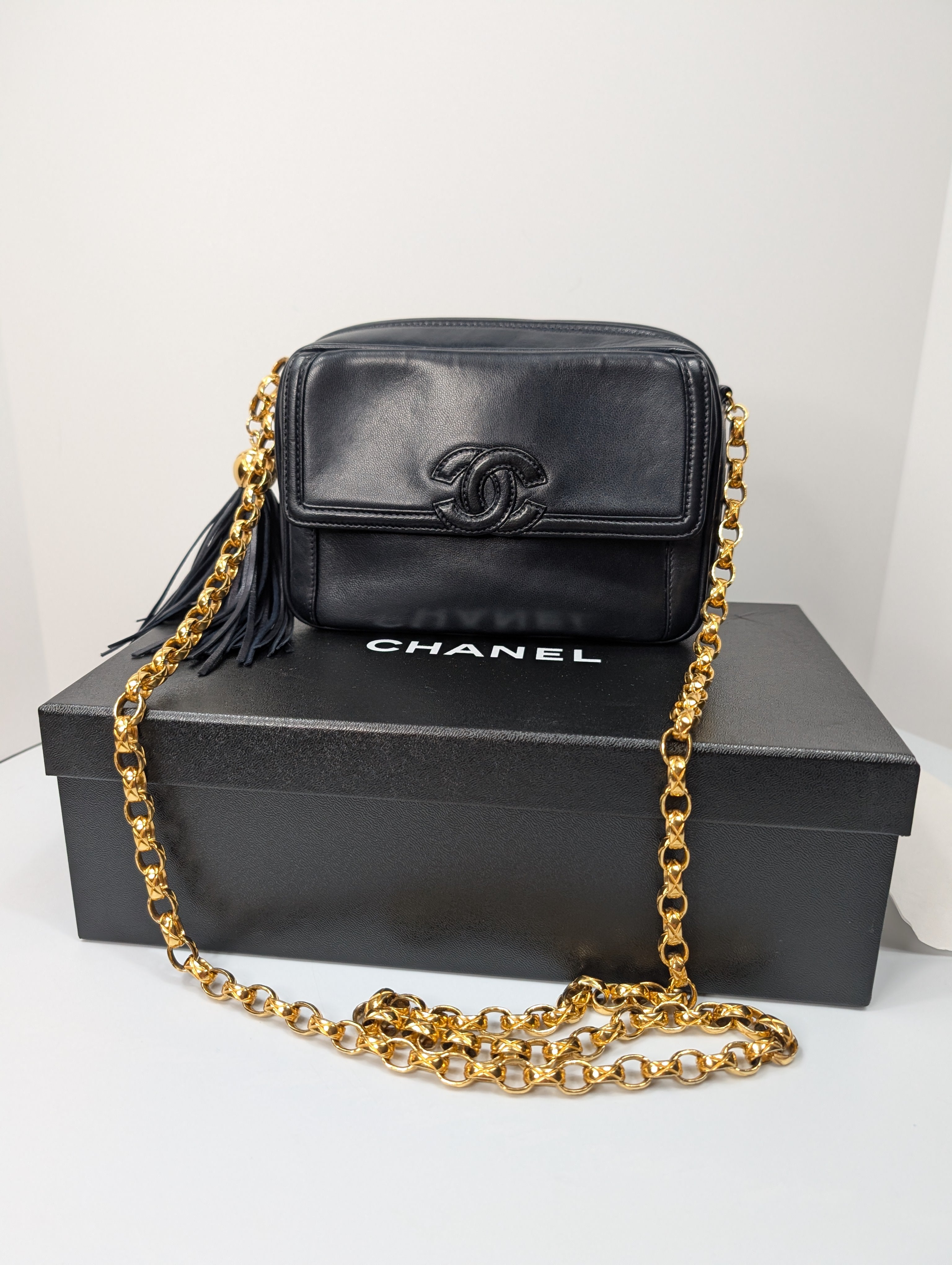 Chanel Vintage Navy 24k Gold-Plated Tassel Camera Bag