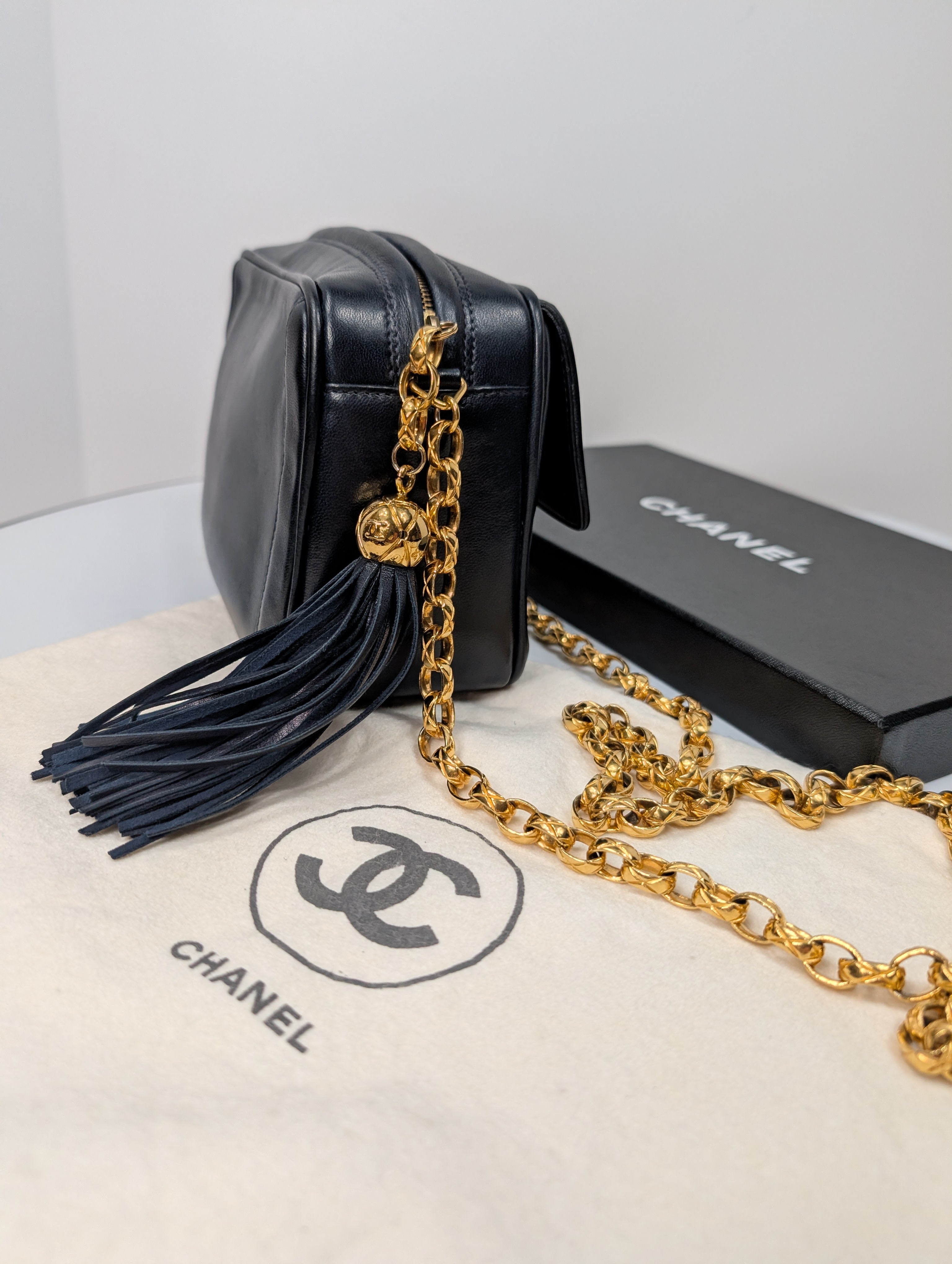 Chanel Vintage Navy 24k Gold-Plated Tassel Camera Bag