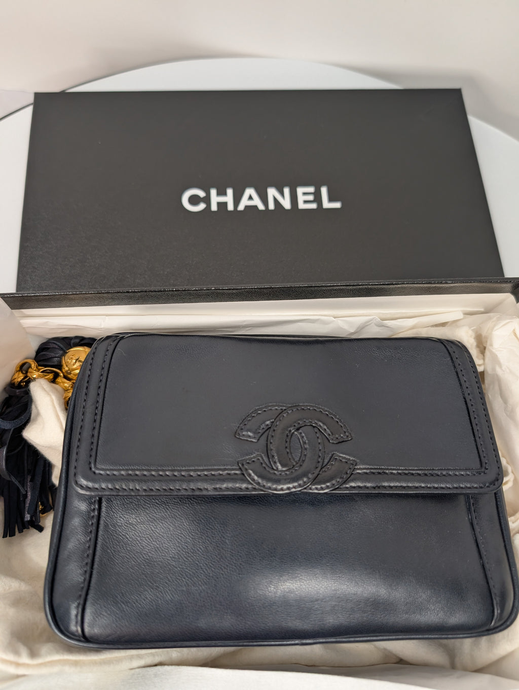 Chanel Vintage Navy 24k Gold-Plated Tassel Camera Bag