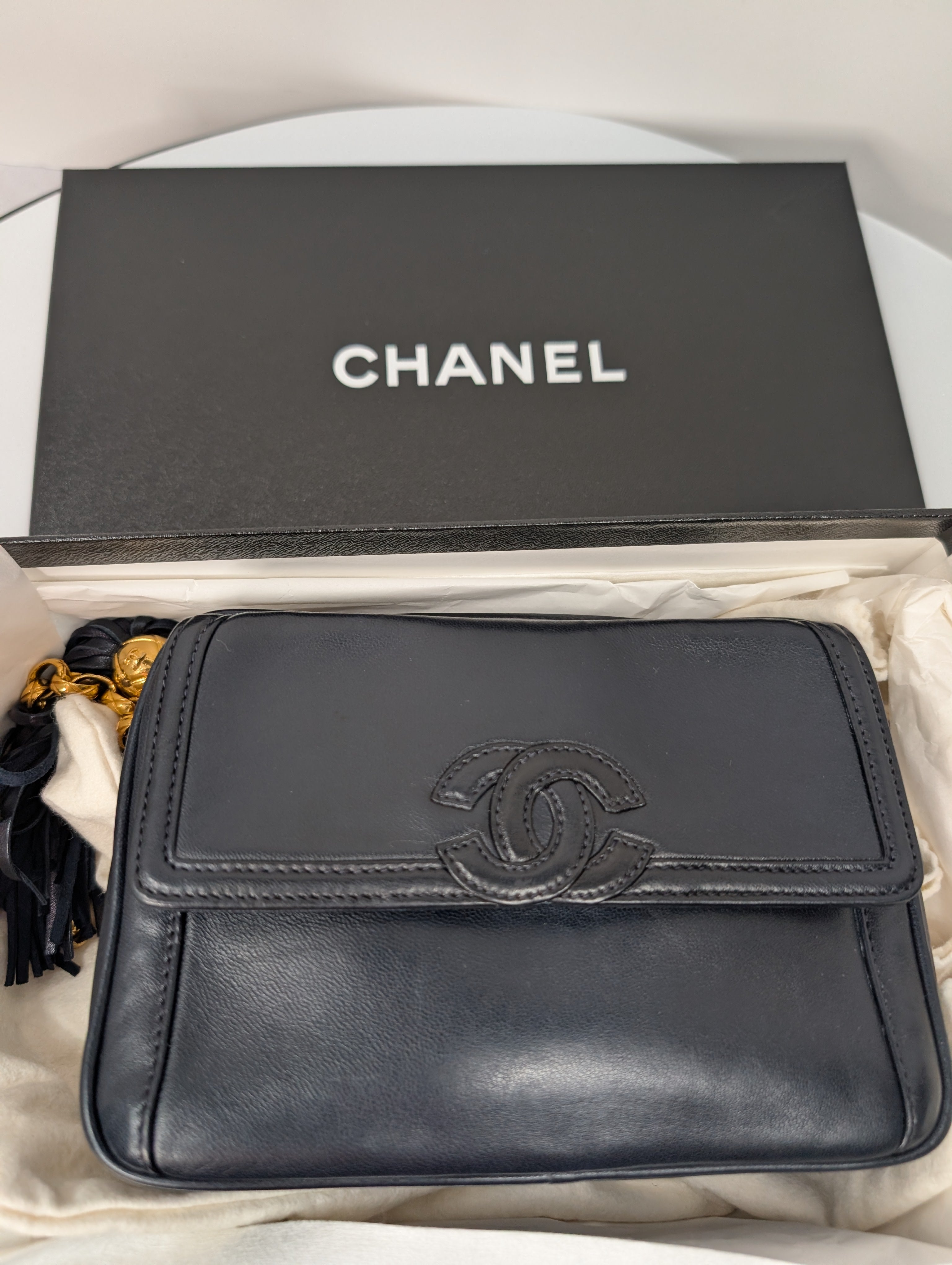 Chanel Vintage Navy 24k Gold-Plated Tassel Camera Bag