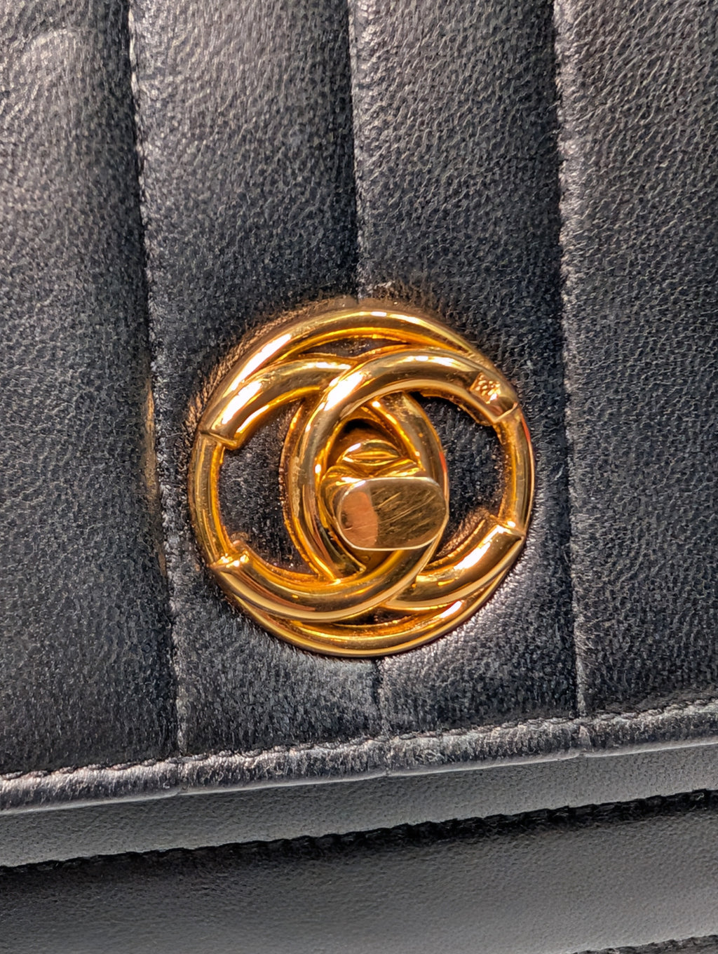 Chanel Vintage Black Vertical Stitch Flap Bag with Circle CC Turn-Lock and 24K Gold Plated Hardware