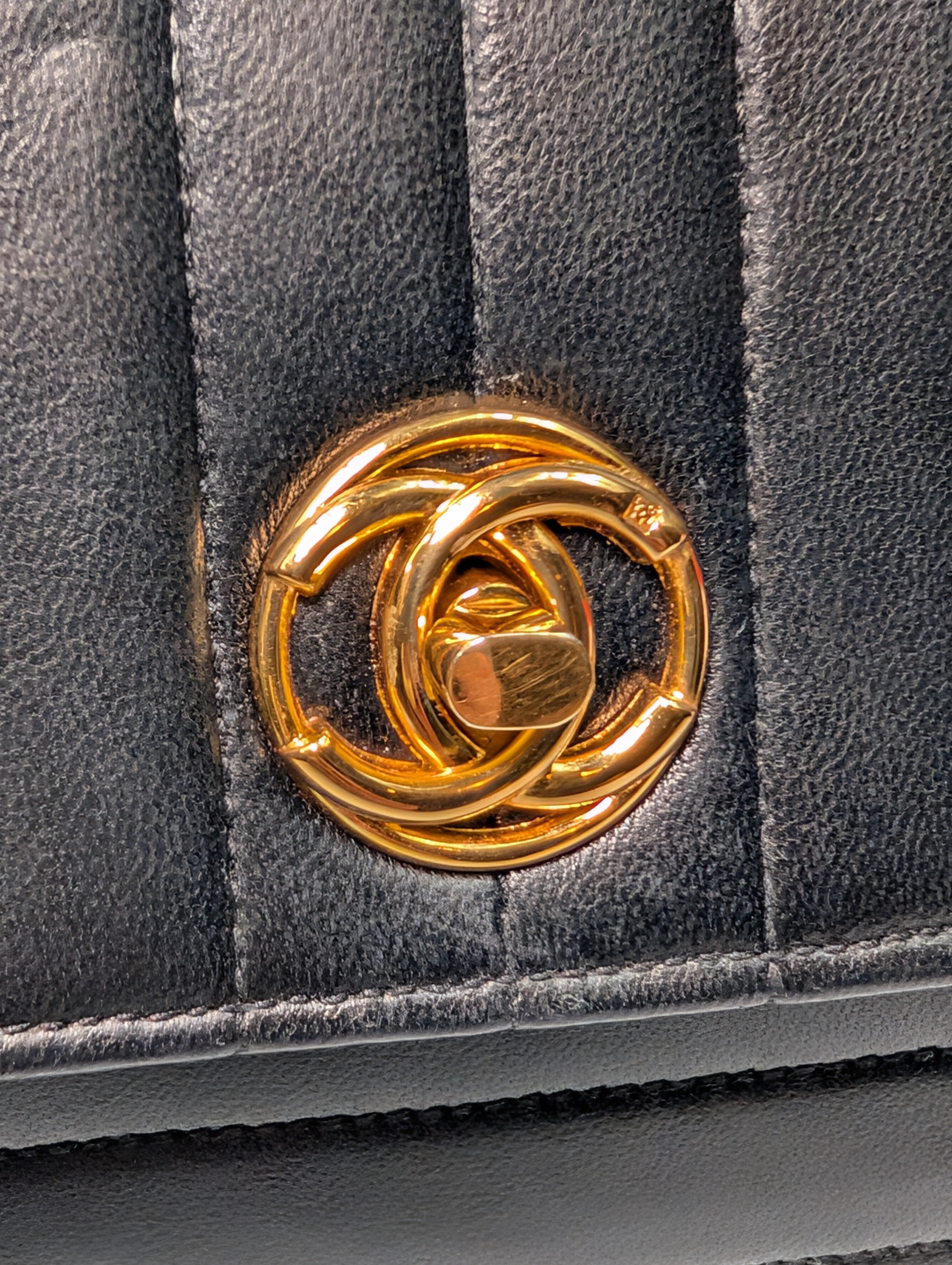 Chanel Vintage Black Vertical Stitch Flap Bag with Circle CC Turn-Lock and 24K Gold Plated Hardware