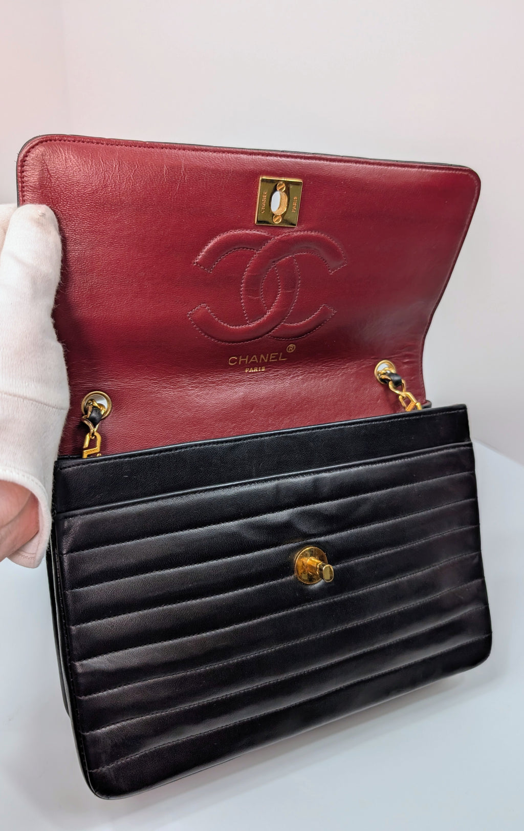 Chanel Vintage Black Vertical Stitch Flap Bag with Circle CC Turn-Lock and 24K Gold Plated Hardware