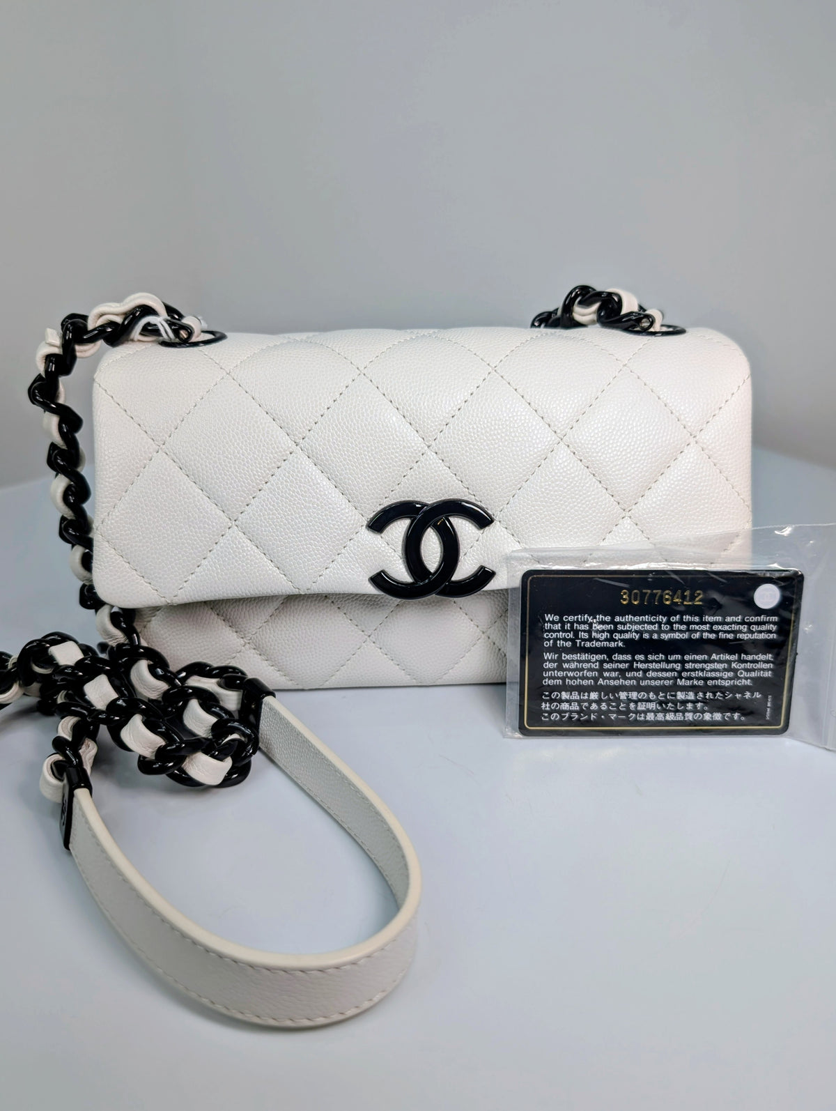 Chanel Limited-Edition Pearlized White MyEverything Caviar Mini-Flap with Black Hardware