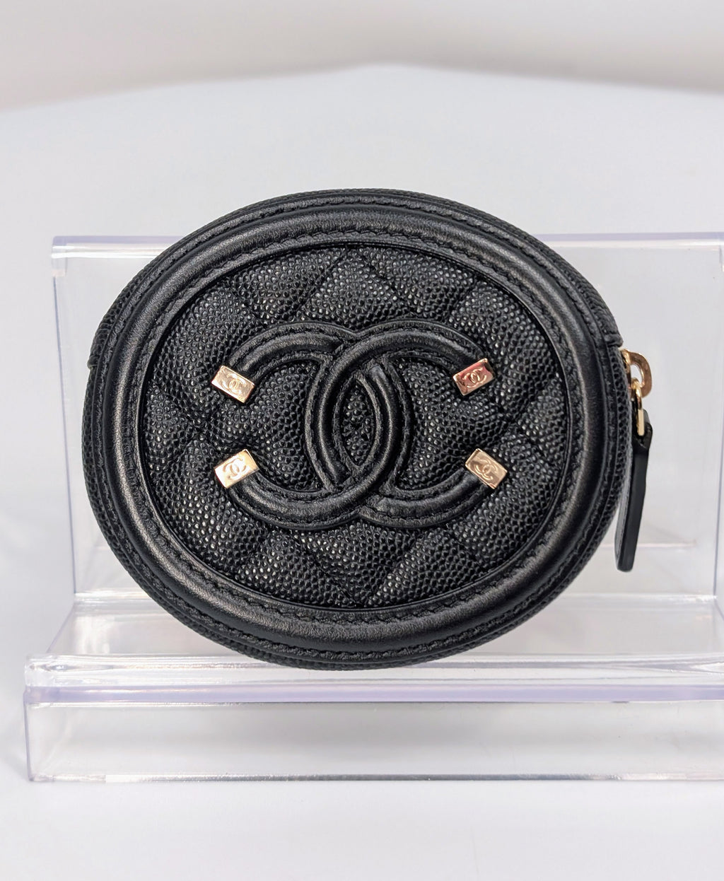 Chanel Black CC Filigree Quilted Caviar Oval Zip Coin Purse Wallet