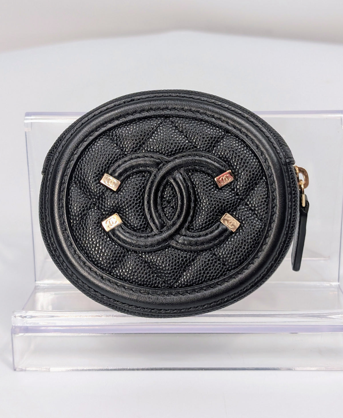 Chanel Black CC Filigree Quilted Caviar Oval Zip Coin Purse Wallet