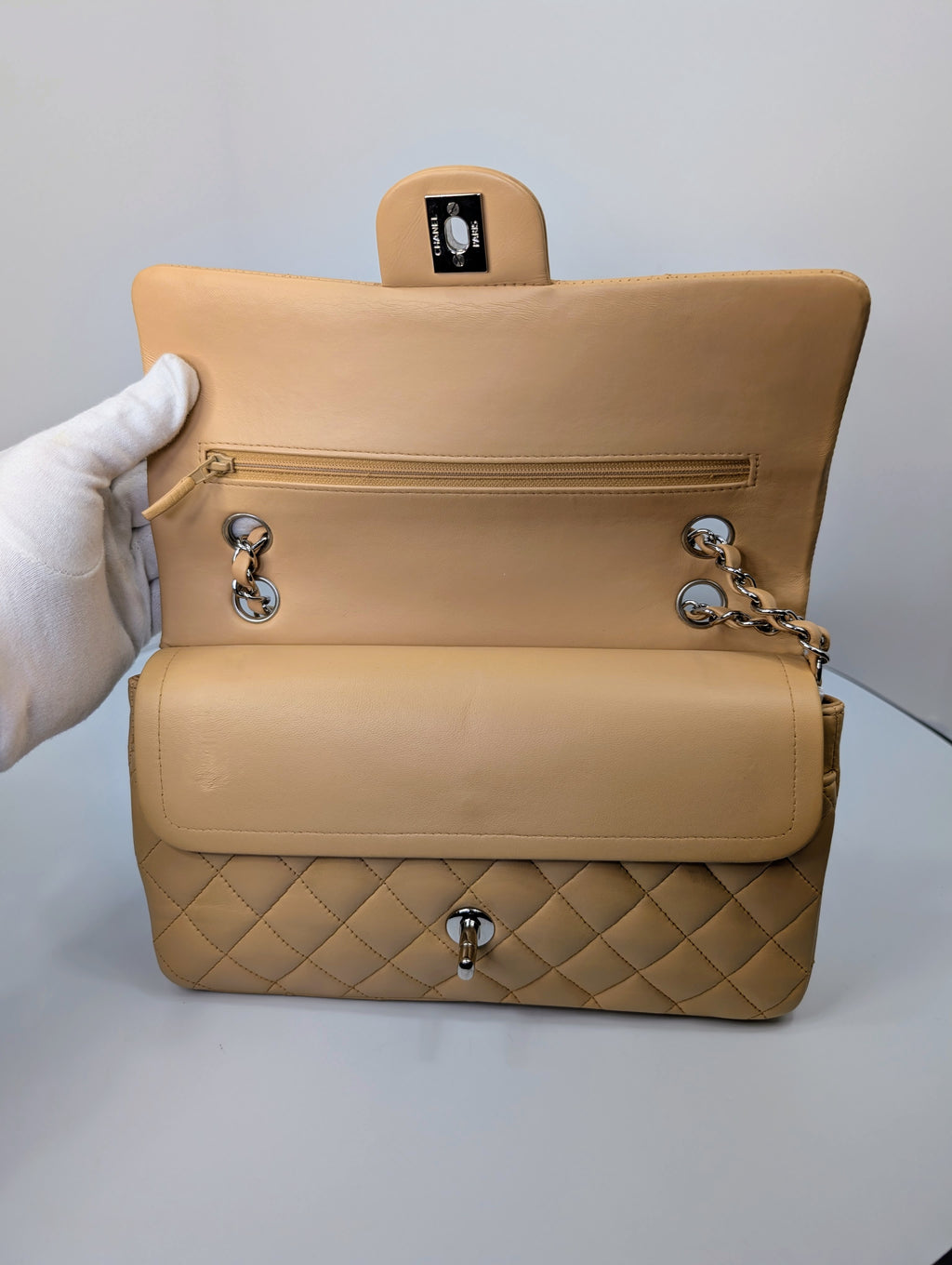 Chanel Vintage Beige Clair Lambskin Classic Medium Double Flap Shoulder Bag