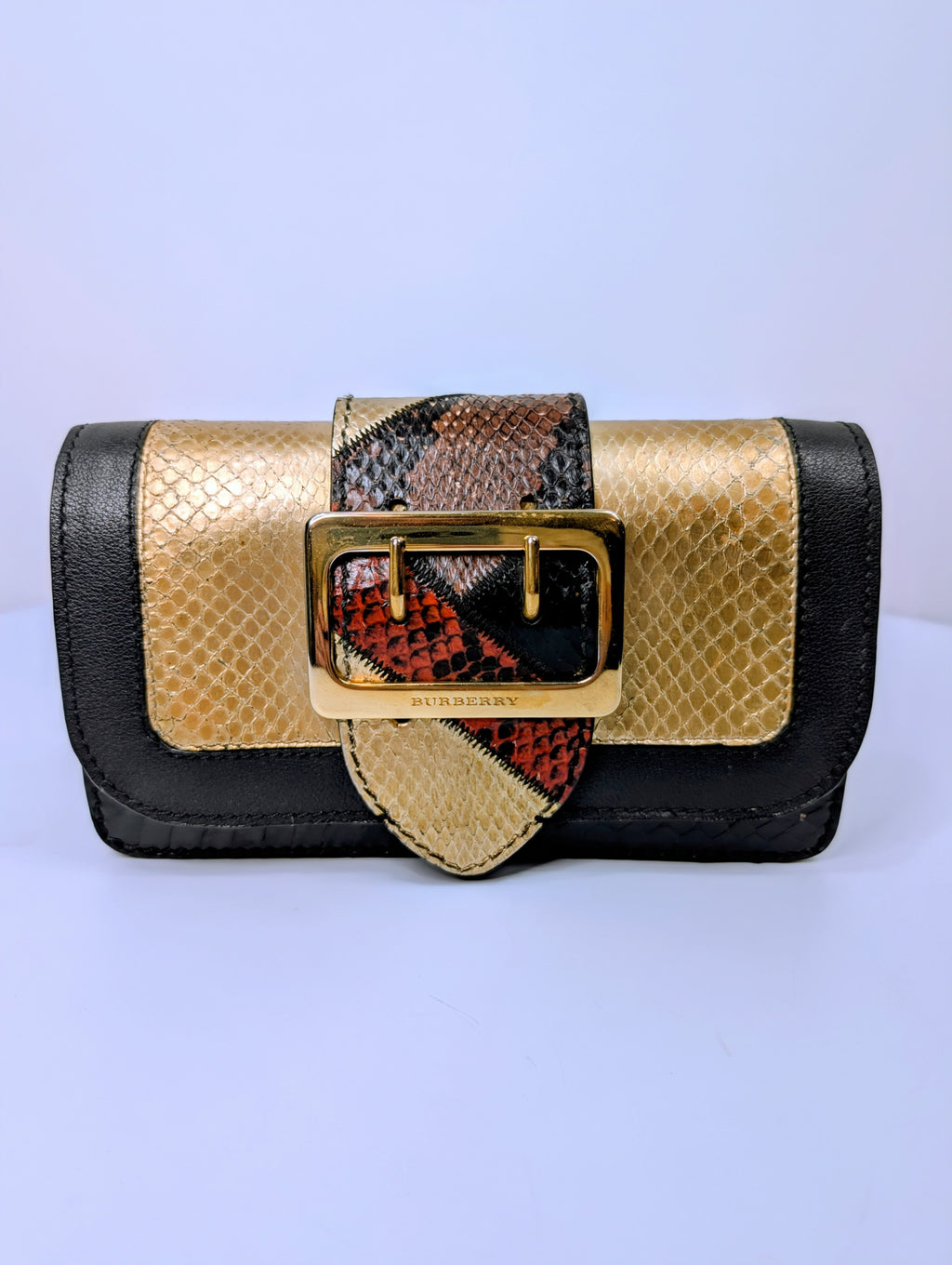 Burberry Gold Runway Patchwork Exotic Snakeskin and Leather Buckle Bag