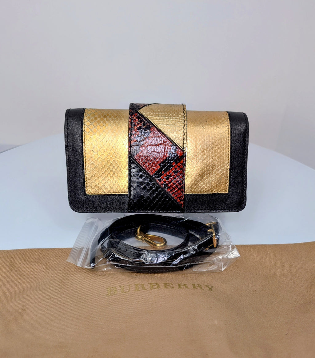 Burberry Gold Runway Patchwork Exotic Snakeskin and Leather Buckle Bag