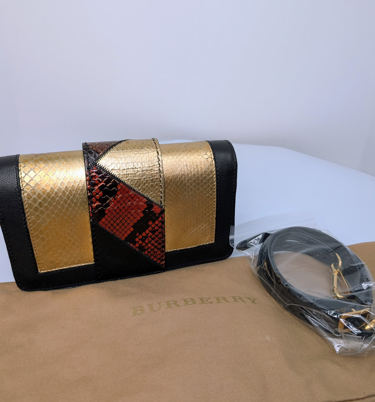 Burberry Gold Runway Patchwork Exotic Snakeskin and Leather Buckle Bag