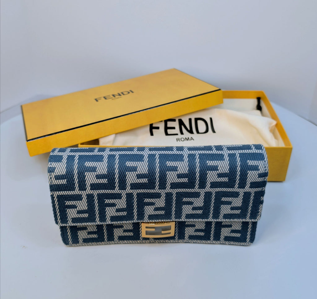 Fendi Blue and White Woven Denim-Effect FF Jacquard Baguette (NWT) Wallet on Chain