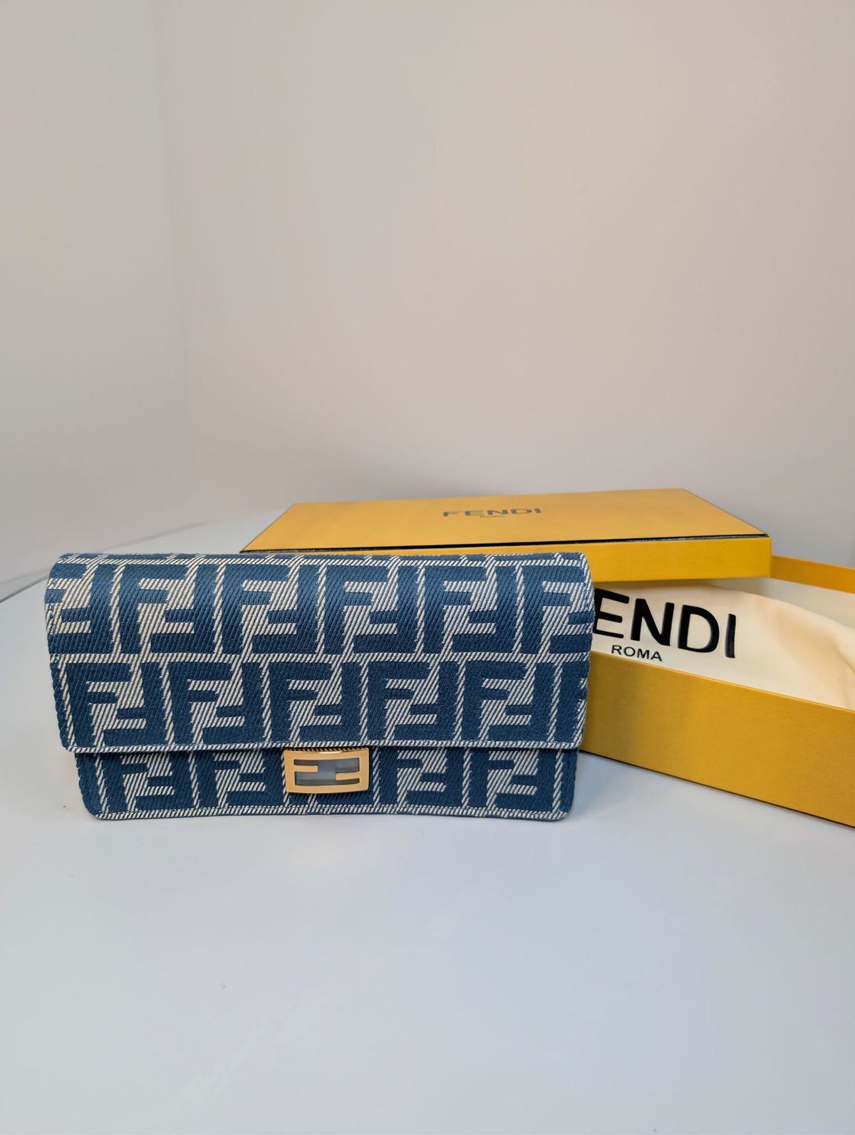 Fendi Blue and White Woven Denim-Effect FF Jacquard Baguette (NWT) Wallet on Chain