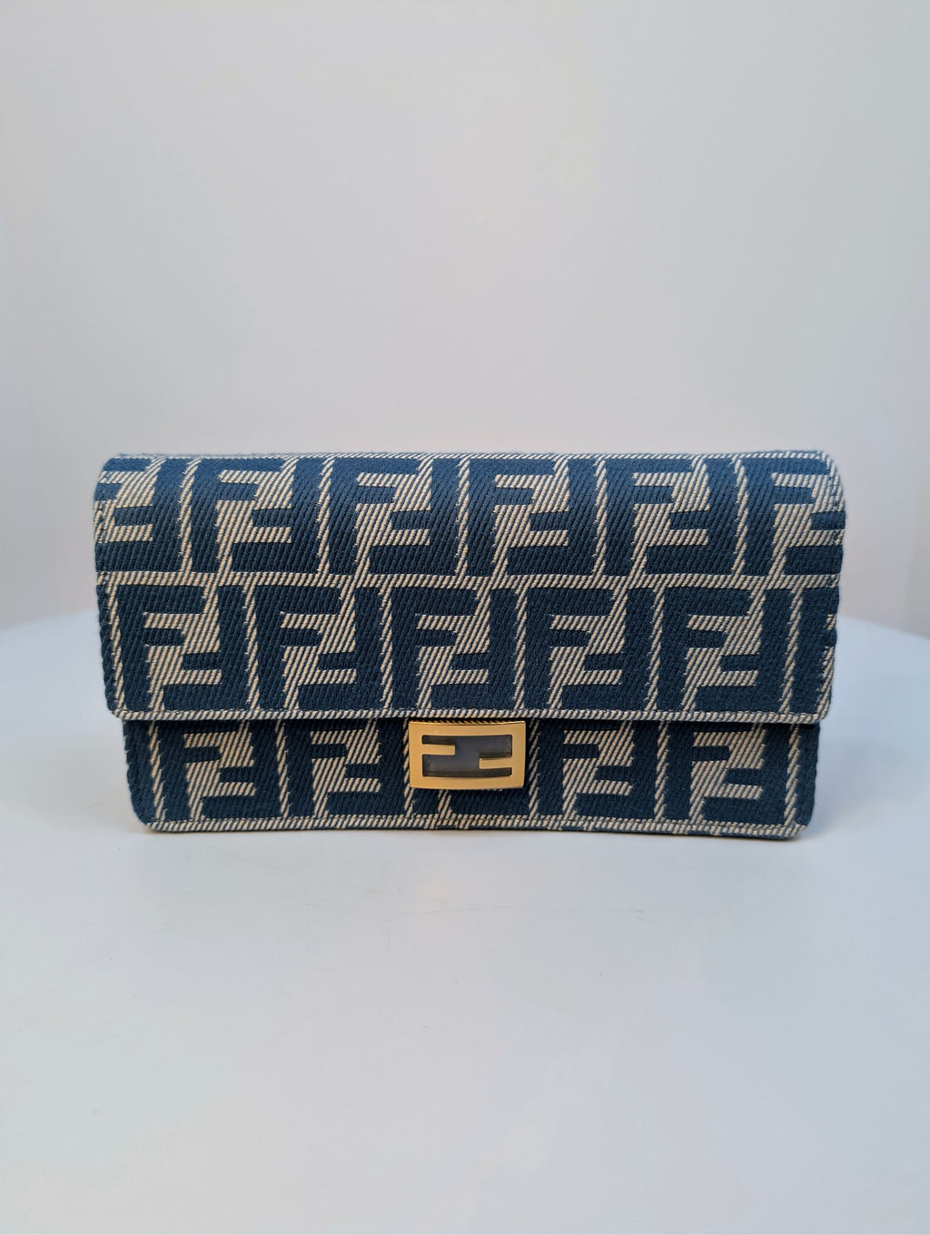 Fendi Blue and White Woven Denim-Effect FF Jacquard Baguette (NWT) Wallet on Chain
